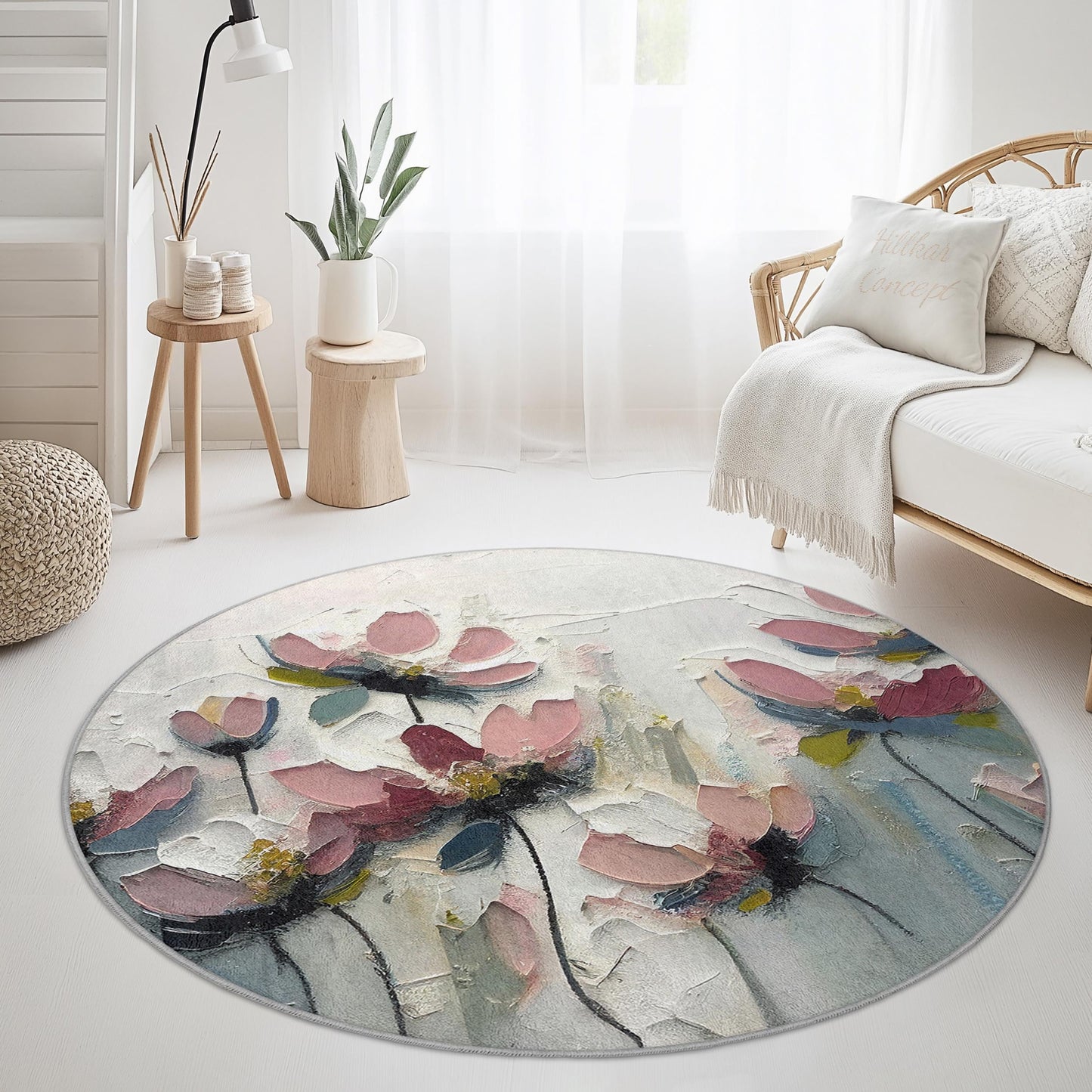 Floral Abstract Round Area Rug, Modern Flower Design Carpet, Round Floral Rug for Living Room, Bedroom, Home Decor