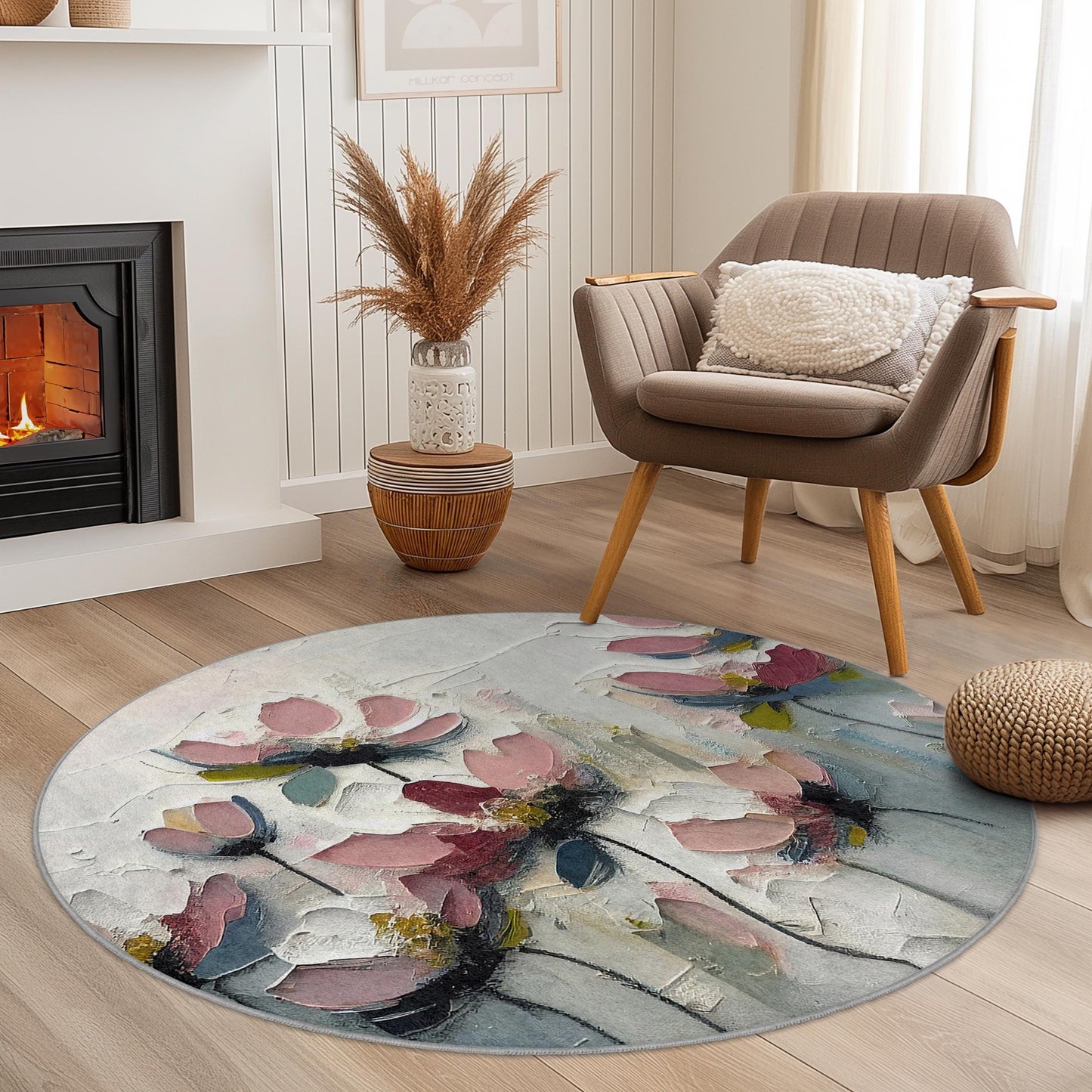 Floral Abstract Round Area Rug, Modern Flower Design Carpet, Round Floral Rug for Living Room, Bedroom, Home Decor