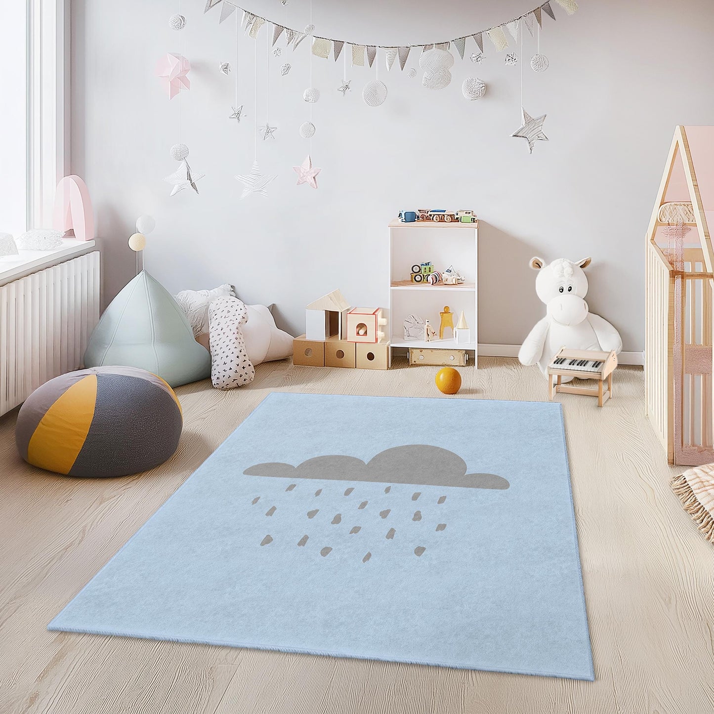 Cloudy Day Rectangular Kids Rug, Soft Nursery Rug for Children, Playroom Decor, Rain Cloud Carpet, Cute Baby Room Mat