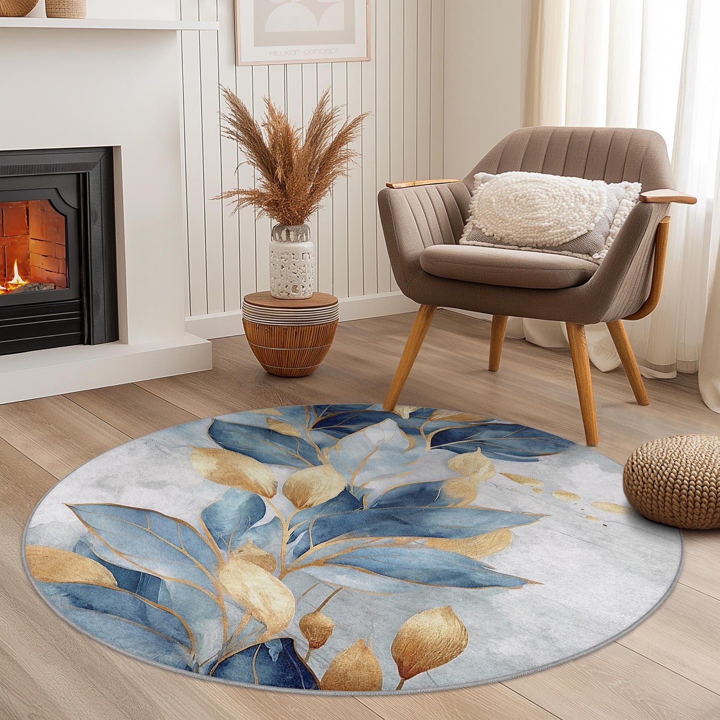 Blue and Gold Leaf Round Area Rug: Botanical Home Decor