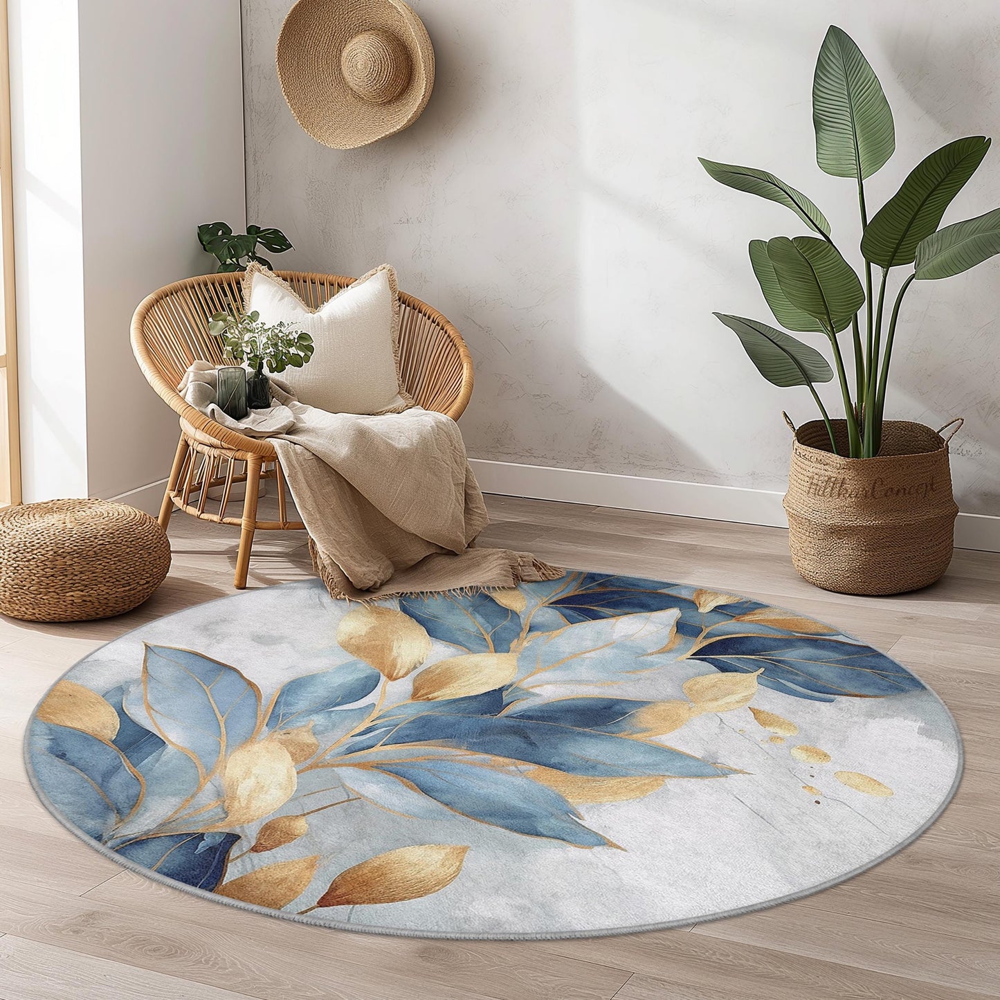 Blue and Gold Leaf Round Area Rug: Botanical Home Decor