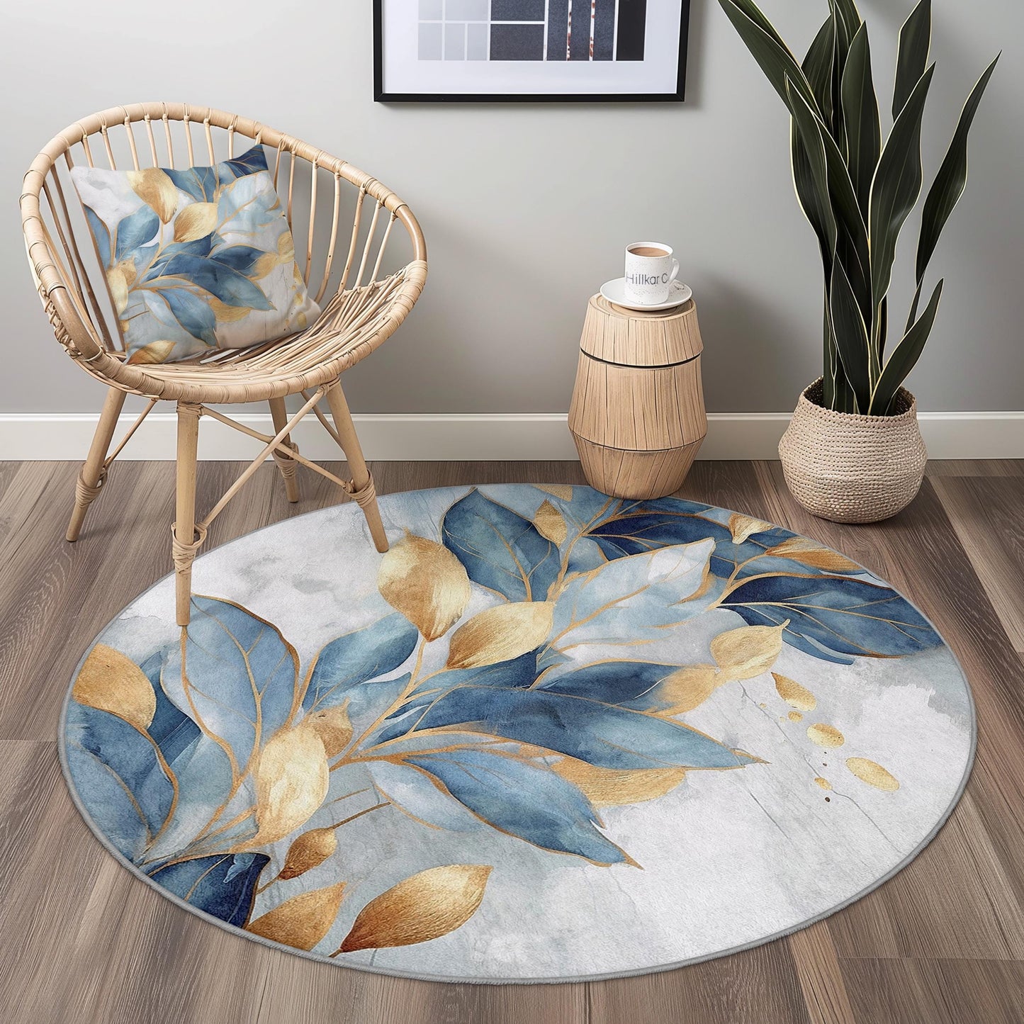 Blue and Gold Leaf Round Area Rug: Botanical Home Decor