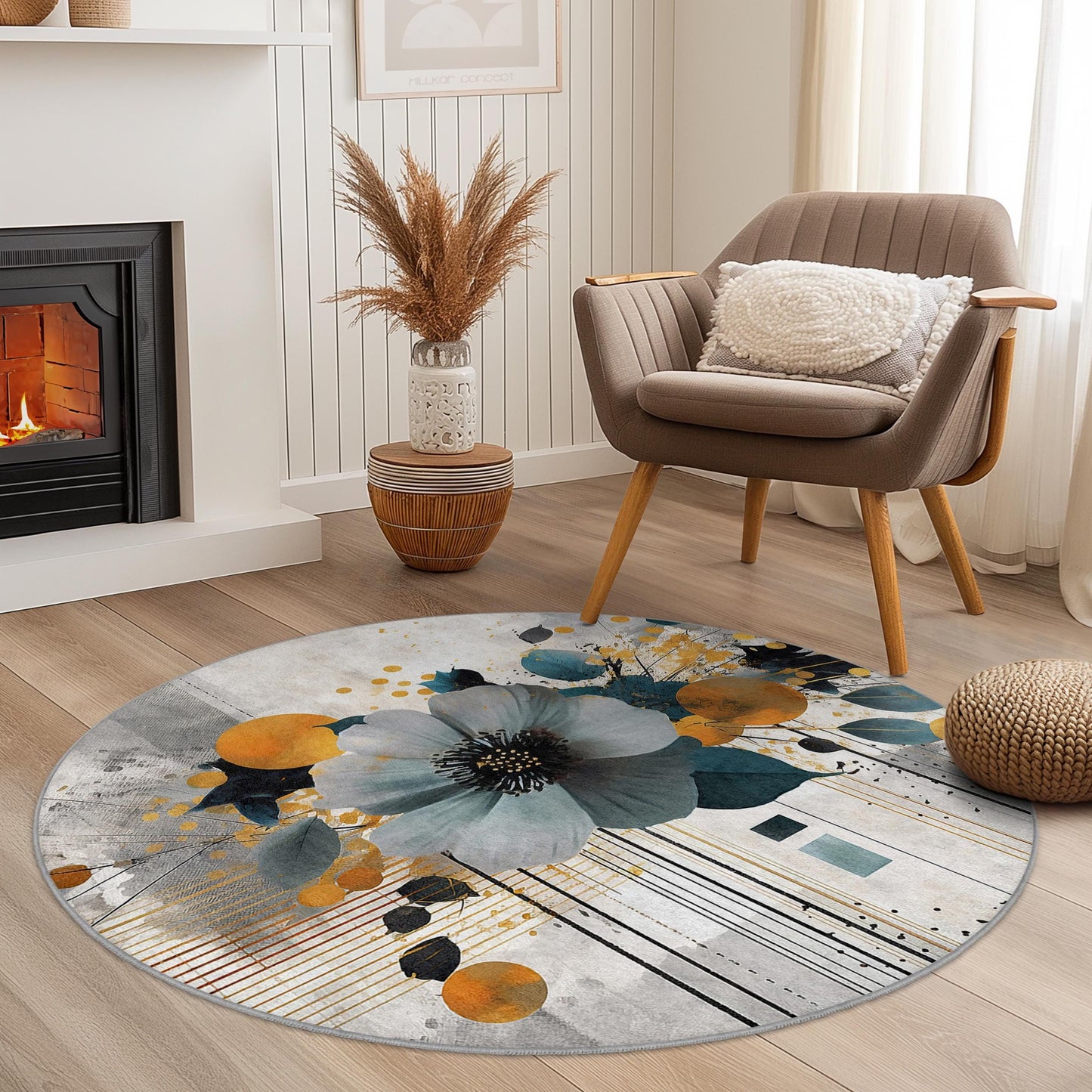 Vibrant Floral Round Area Rug, Artistic Flower Design Carpet, Modern Round Rug for Living Room, Bedroom, Home Decor