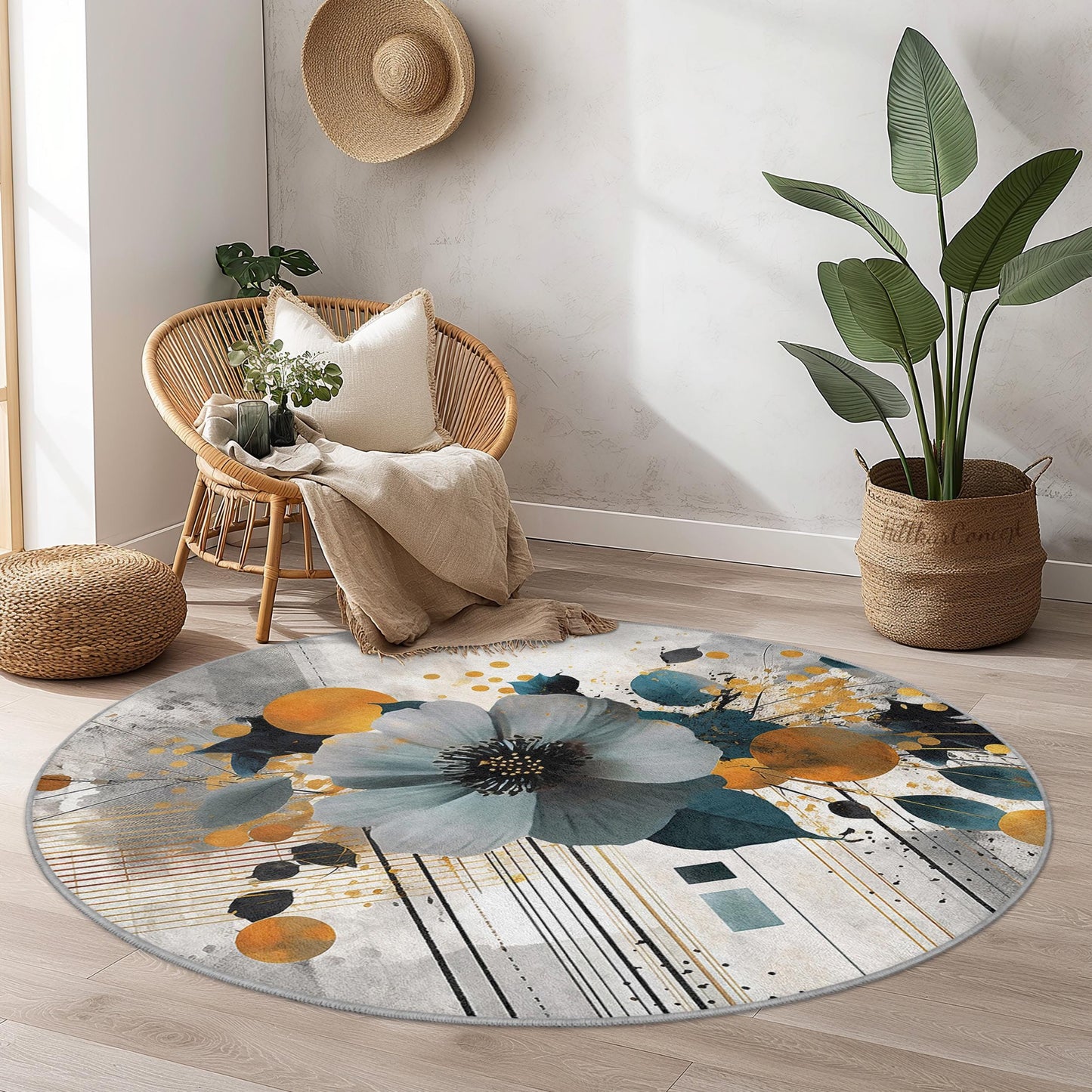 Vibrant Floral Round Area Rug, Artistic Flower Design Carpet, Modern Round Rug for Living Room, Bedroom, Home Decor