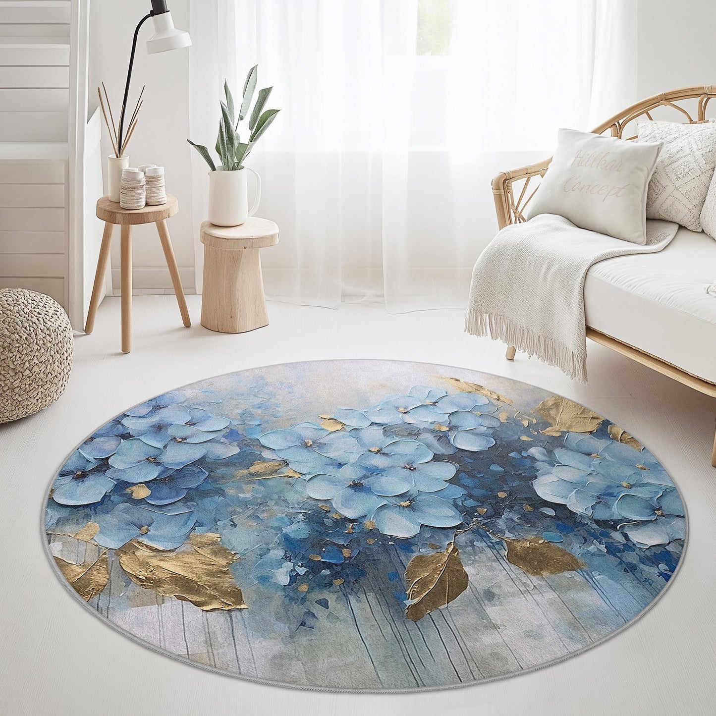 Blue Floral Round Area Rug, Elegant Flower Design Rug, Soft Round Carpet for Living Room, Bedroom, Home Decor