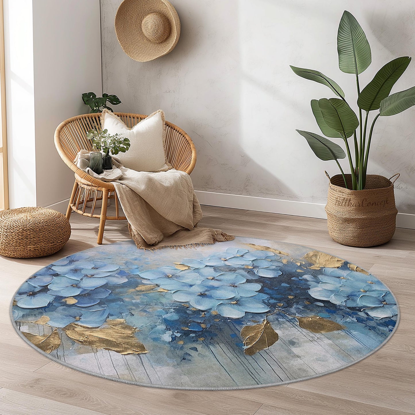 Blue Floral Round Area Rug, Elegant Flower Design Rug, Soft Round Carpet for Living Room, Bedroom, Home Decor