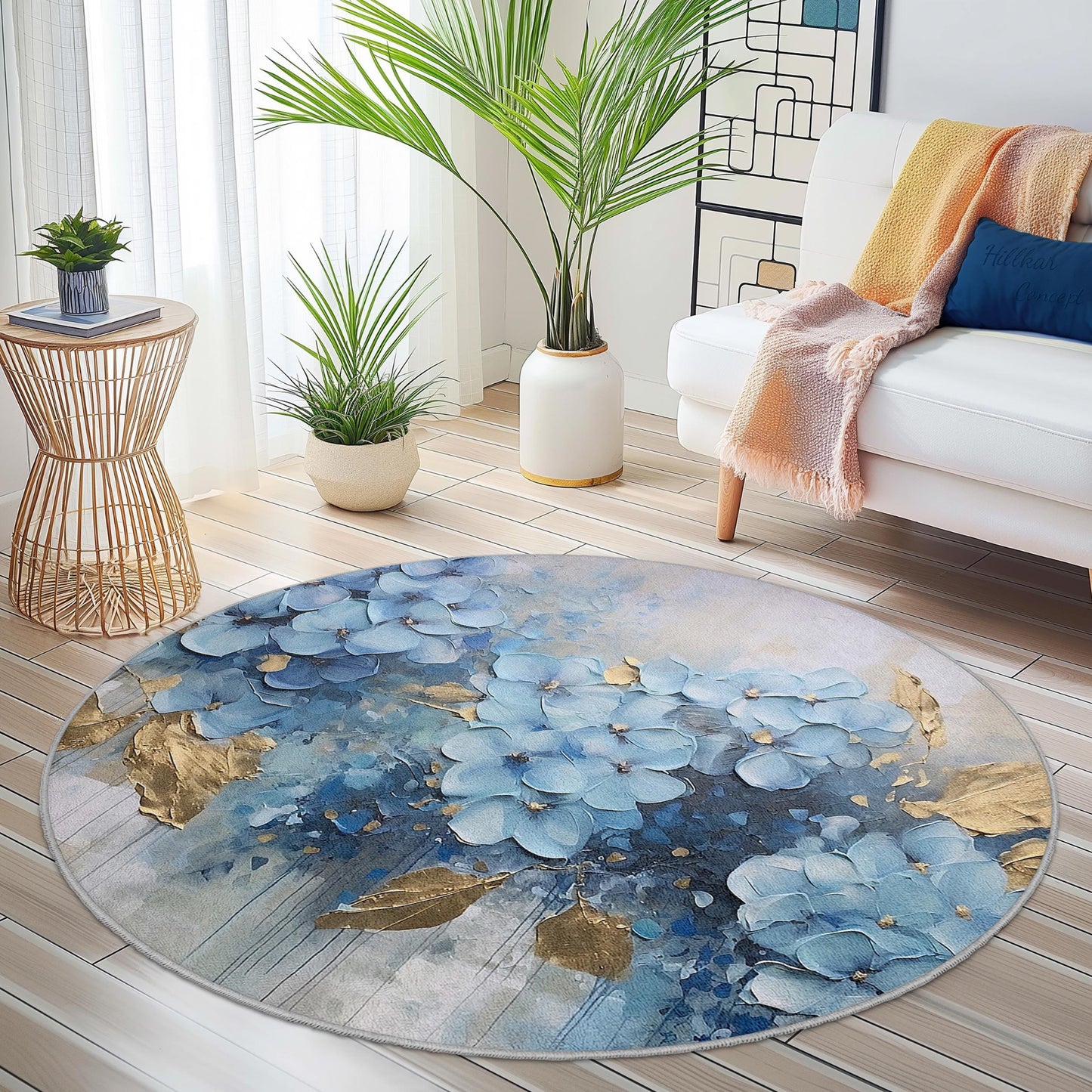 Blue Floral Round Area Rug, Elegant Flower Design Rug, Soft Round Carpet for Living Room, Bedroom, Home Decor