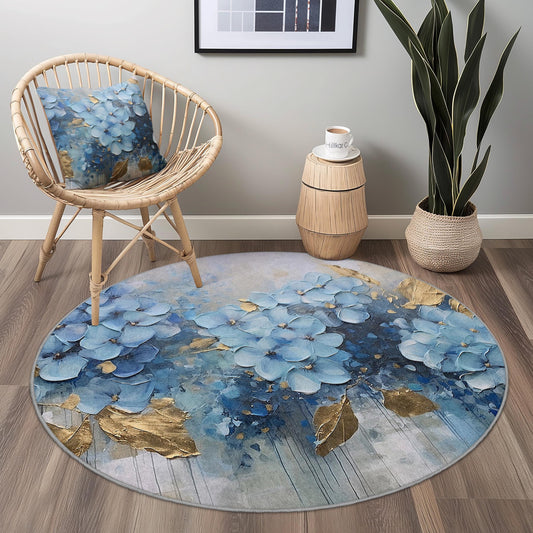 Blue Floral Round Area Rug, Elegant Flower Design Rug, Soft Round Carpet for Living Room, Bedroom, Home Decor