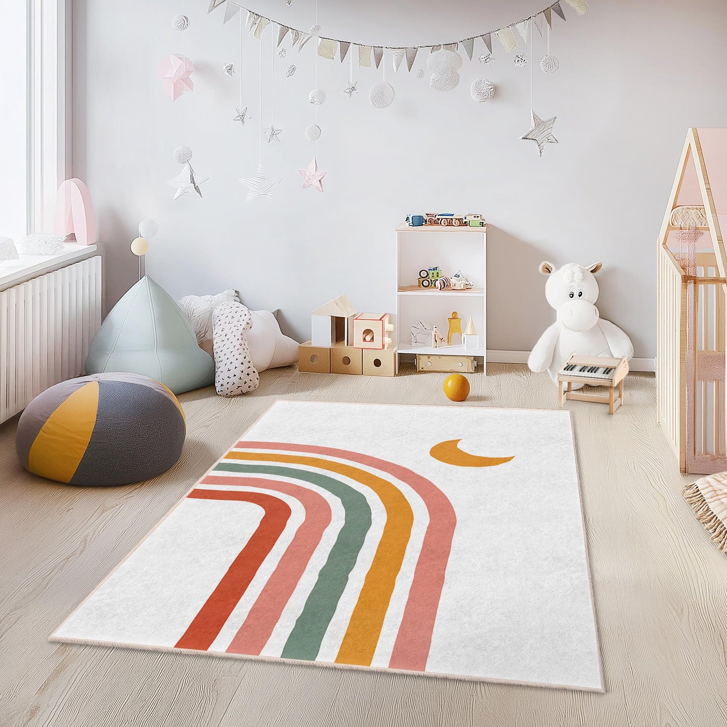Colorful Rainbow Design Kids Rug, Rectangular Playroom Carpet, Nursery Decor, Soft Children's Rug, Toddler Room Mat