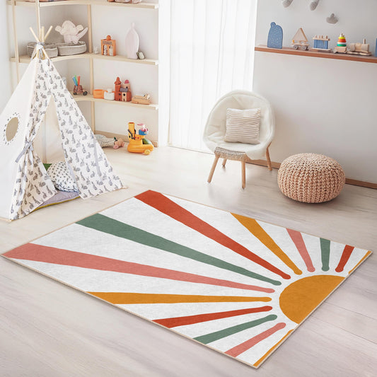 Sunrise Rainbow Rectangular Kids Rug, Colorful Playroom Carpet, Nursery Decor, Soft Area Rug for Children's Room, Vibrant Kids Rug