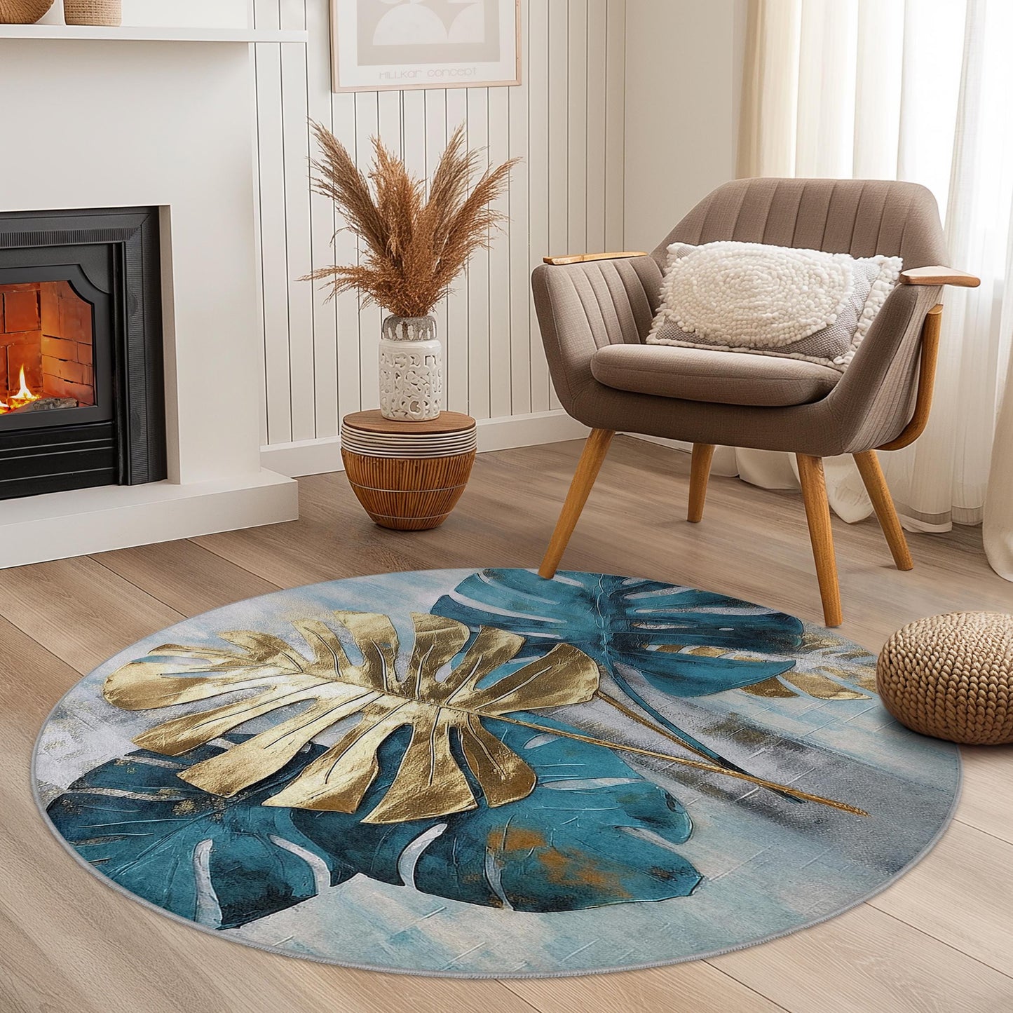 Tropical Monstera Leaves Round Area Rug, Gold Leaf Design, Bohemian Style Carpet for Living Room, Home Decor, Soft Floor Mat