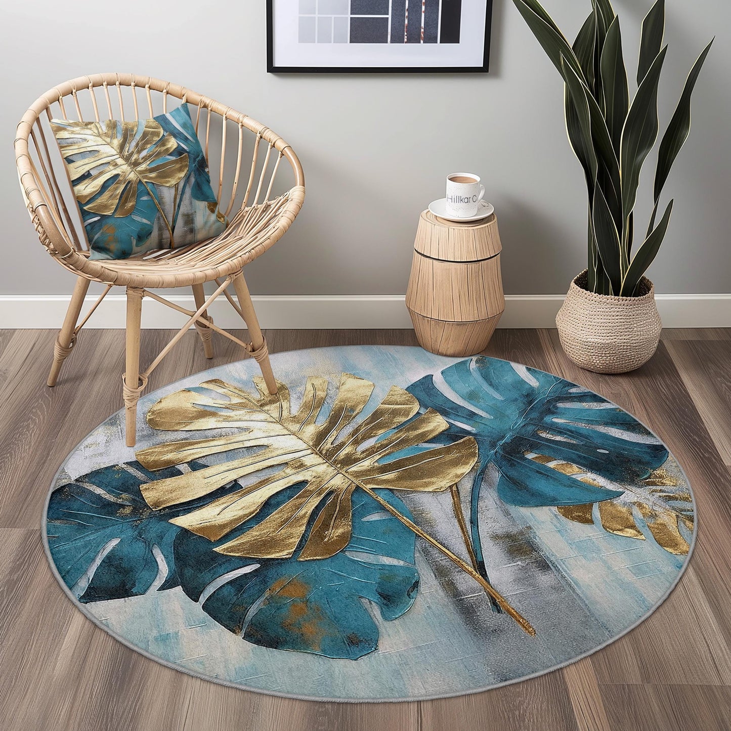 Tropical Monstera Leaves Round Area Rug, Gold Leaf Design, Bohemian Style Carpet for Living Room, Home Decor, Soft Floor Mat