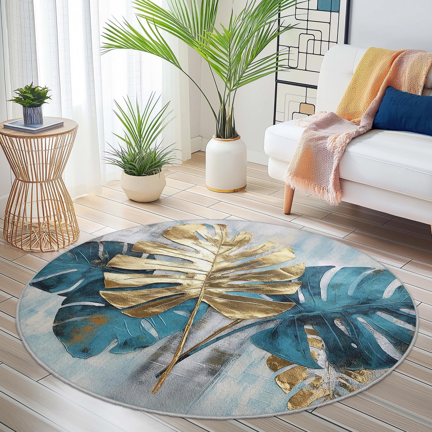 Tropical Monstera Leaves Round Area Rug, Gold Leaf Design, Bohemian Style Carpet for Living Room, Home Decor, Soft Floor Mat