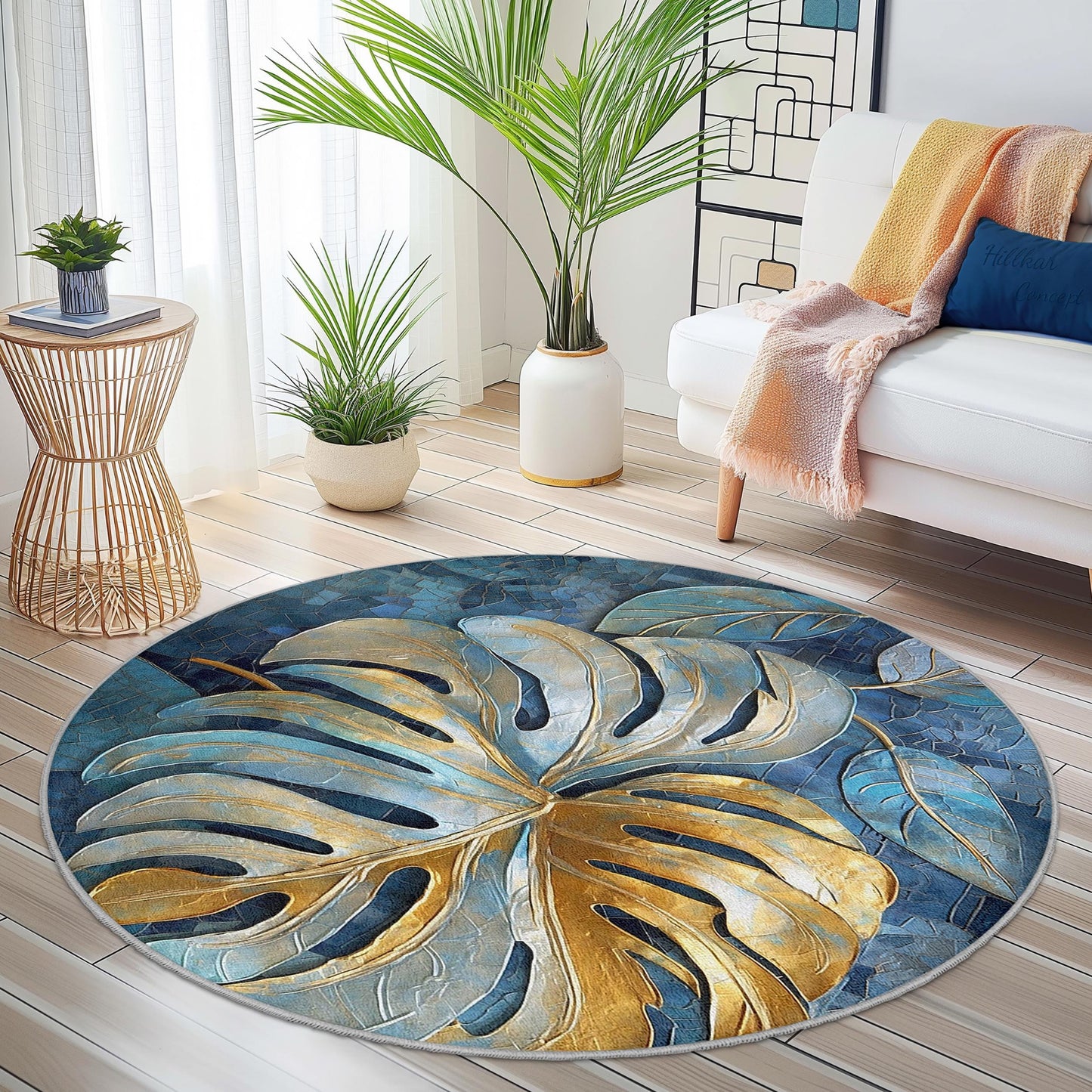 Tropical Leaf Round Area Rug, Monstera Leaf Design, Elegant Round Carpet for Living Room, Boho Home Decor, Soft Round Rug