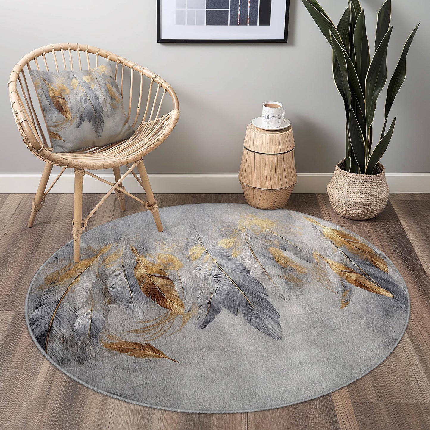 Elegant Feather Design Round Area Rug, Bohemian Circle Rug, Decorative Floor Mat for Living Room, Bedroom, or Nursery