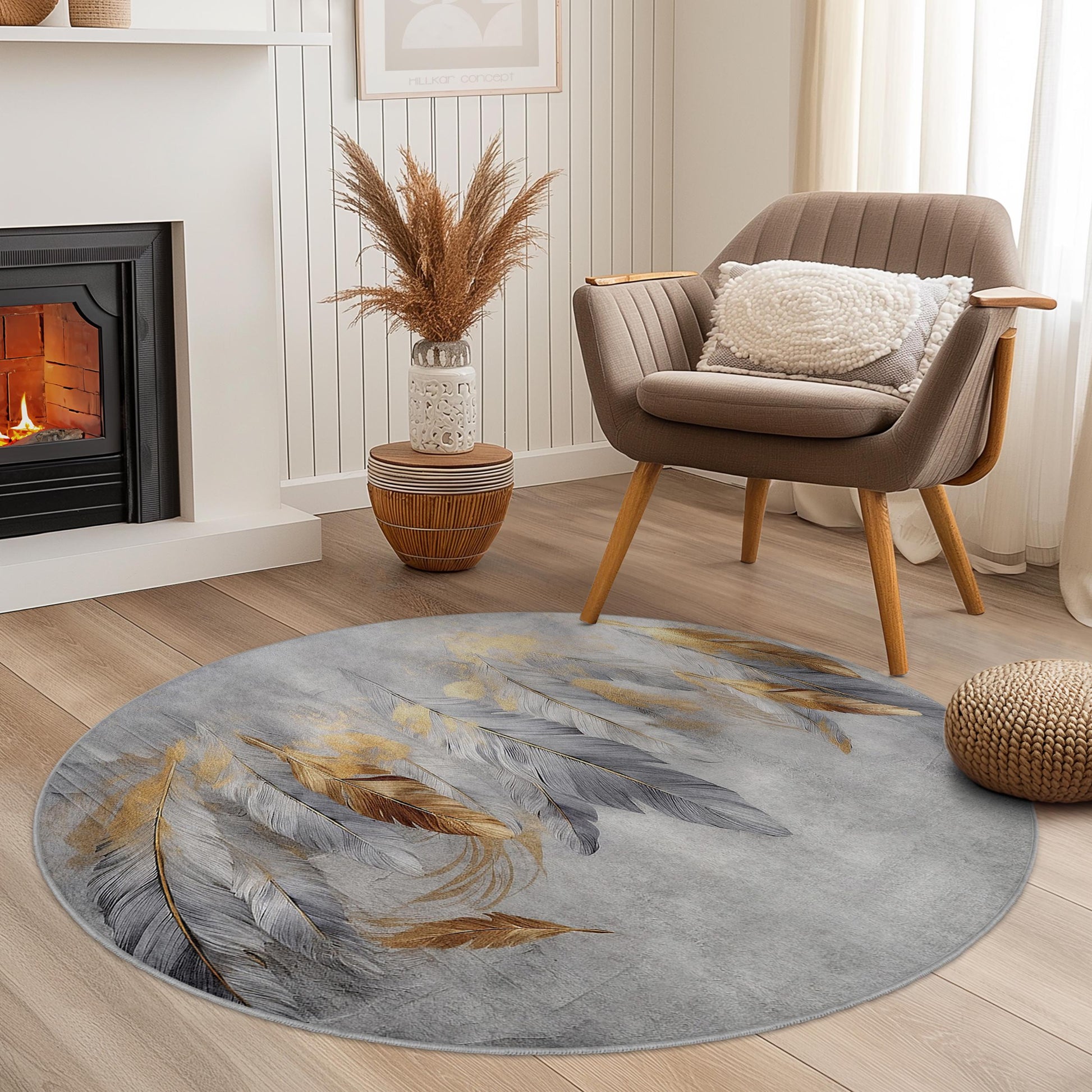 Elegant Feather Design Round Area Rug, Bohemian Circle Rug, Decorative Floor Mat for Living Room, Bedroom, or Nursery