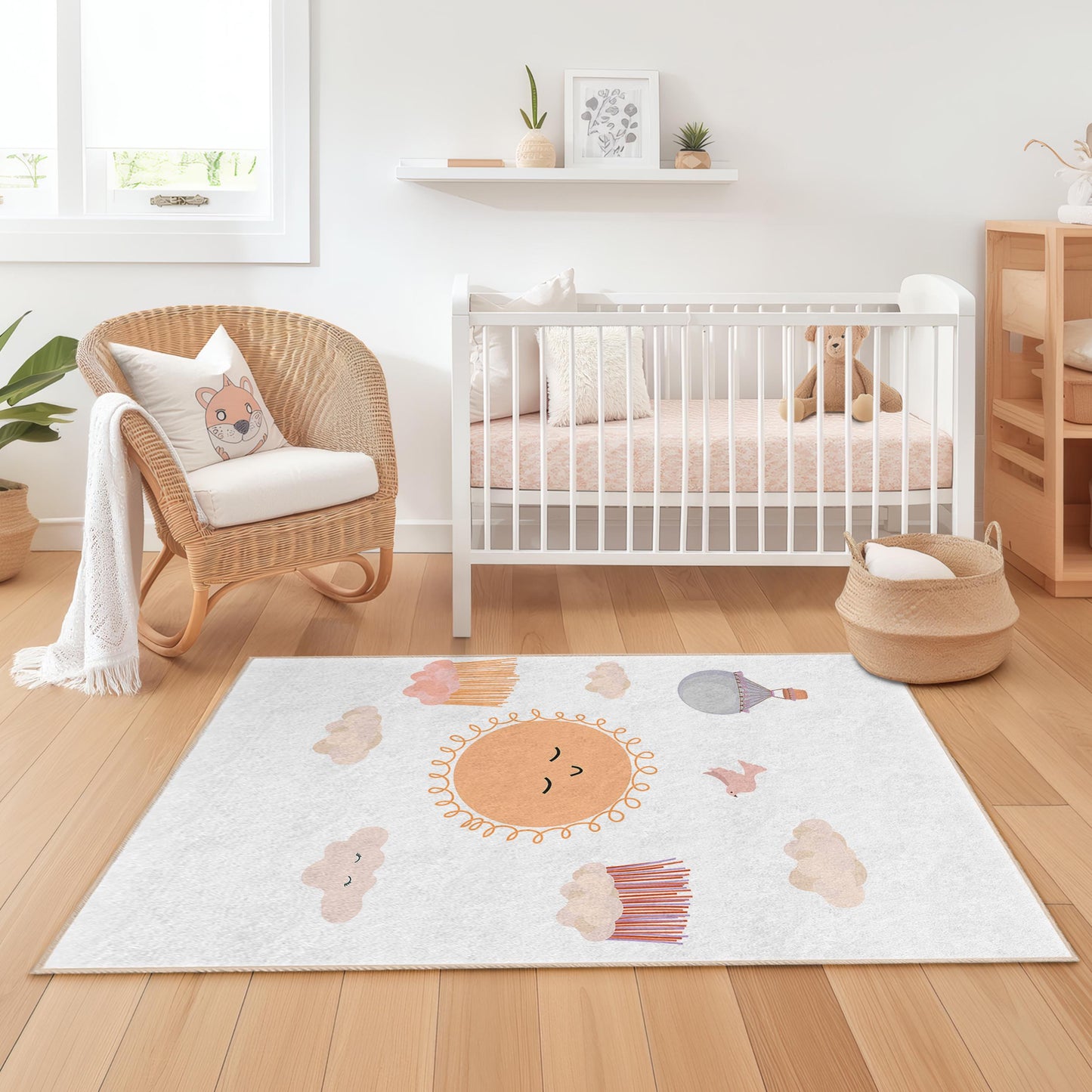 Sunny Smiles Cloudy Dreams Rectangular Kids Rug, Cute Sun and Cloud Design Rug, Playroom Decor, Nursery Area Rug