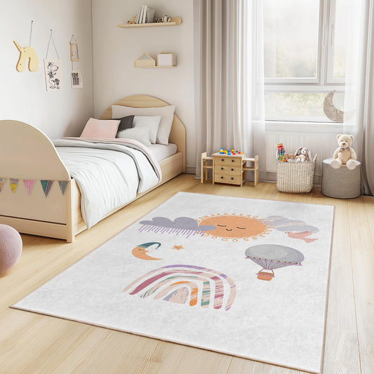 Whimsical Sun and Clouds Kids Rug, Rainbow Theme Rectangle Carpet, Playroom Decor, Nursery Rug, Soft Playmat for Children