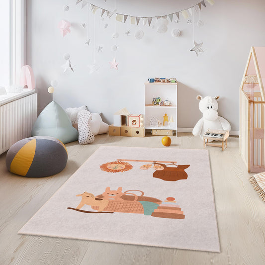 Whimsical Animal Pattern Rectangular Kids Rug, Playroom Carpet, Nursery Area Rug, Adorable Kids Room Decor, Soft Play Mat