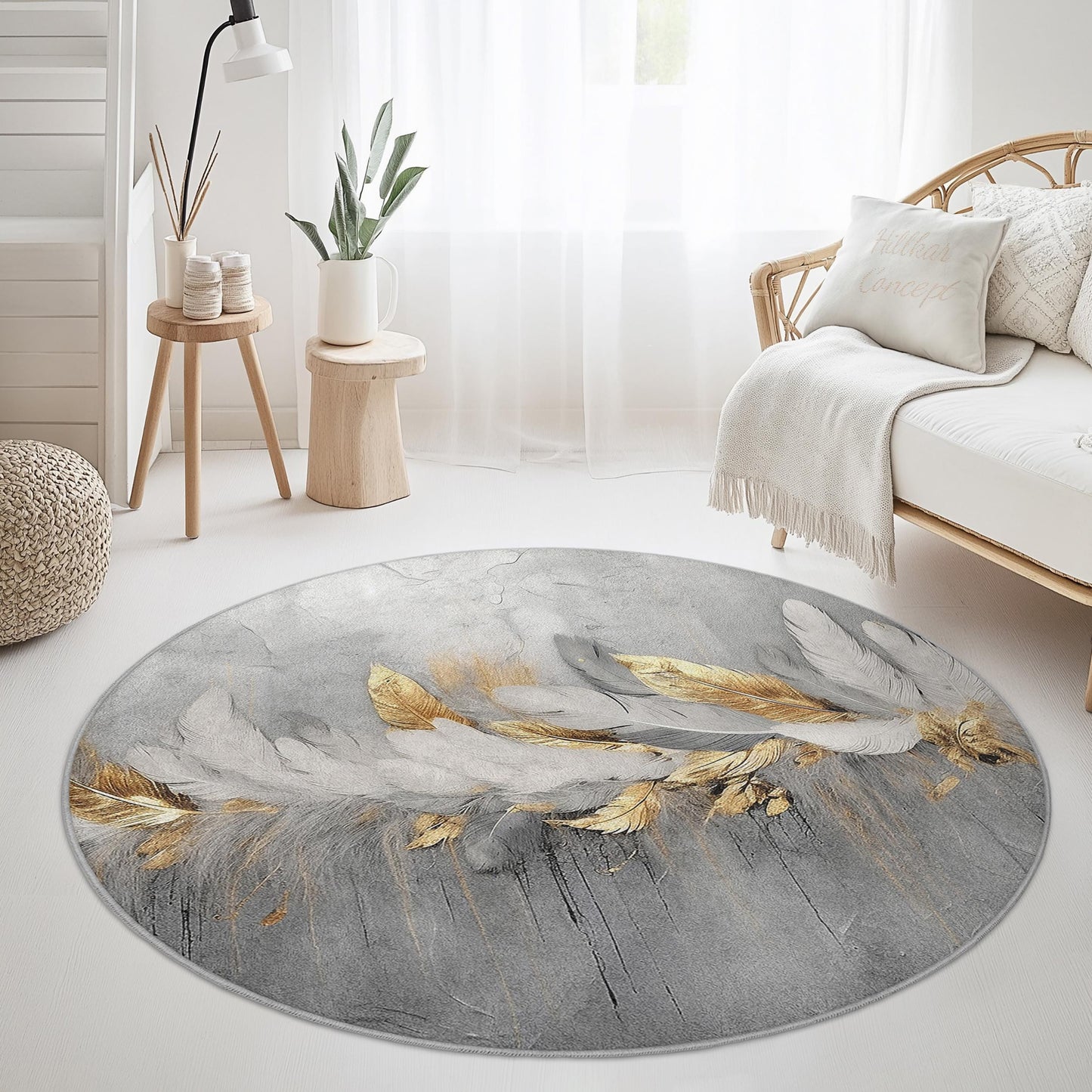 Elegant Feather Design Round Area Rug, Modern Grey and Gold Round Carpet, Soft Living Room Rug, Feather Print Round Mat,Decorative Round Rug