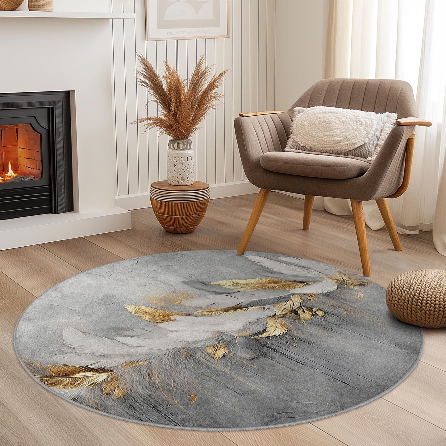 Elegant Feather Design Round Area Rug, Modern Grey and Gold Round Carpet, Soft Living Room Rug, Feather Print Round Mat,Decorative Round Rug