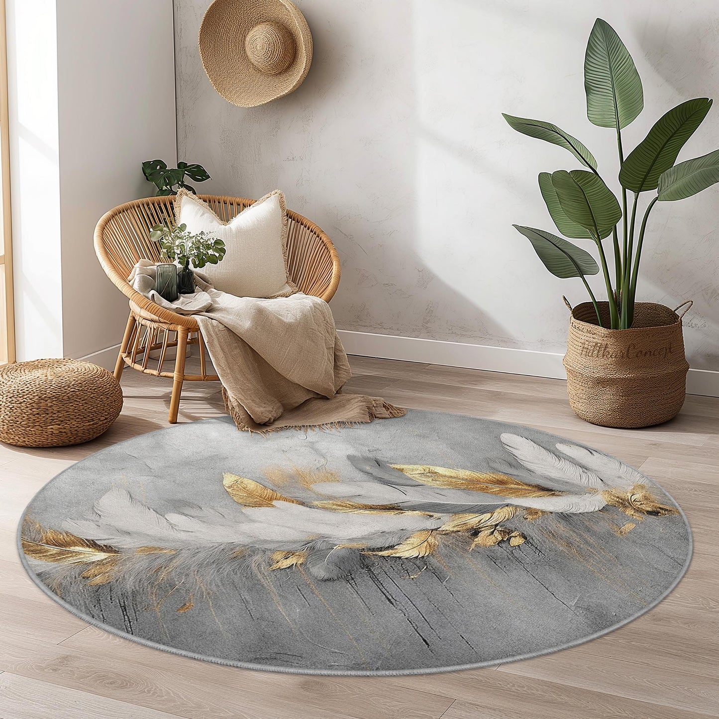 Elegant Feather Design Round Area Rug, Modern Grey and Gold Round Carpet, Soft Living Room Rug, Feather Print Round Mat,Decorative Round Rug