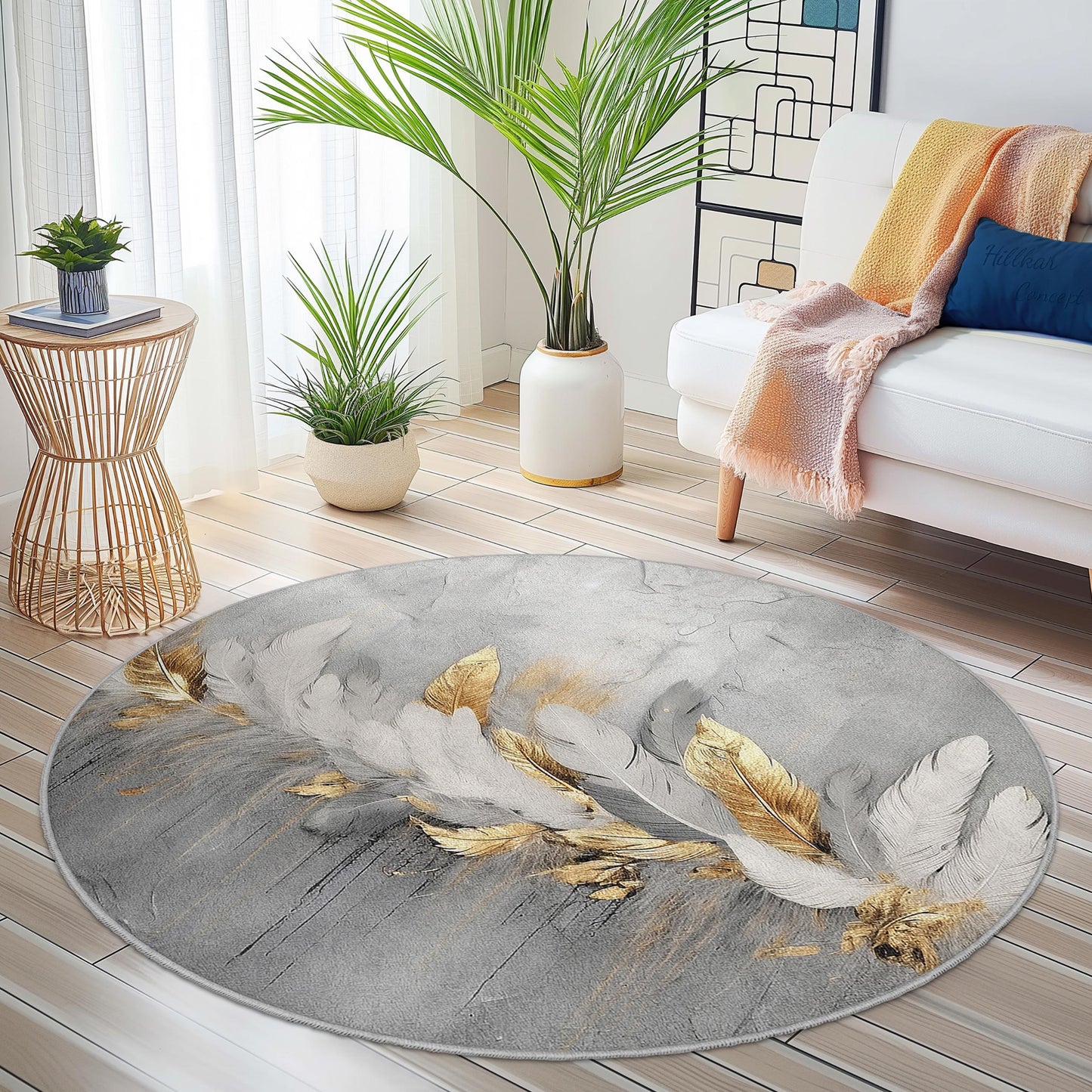 Elegant Feather Design Round Area Rug, Modern Grey and Gold Round Carpet, Soft Living Room Rug, Feather Print Round Mat,Decorative Round Rug