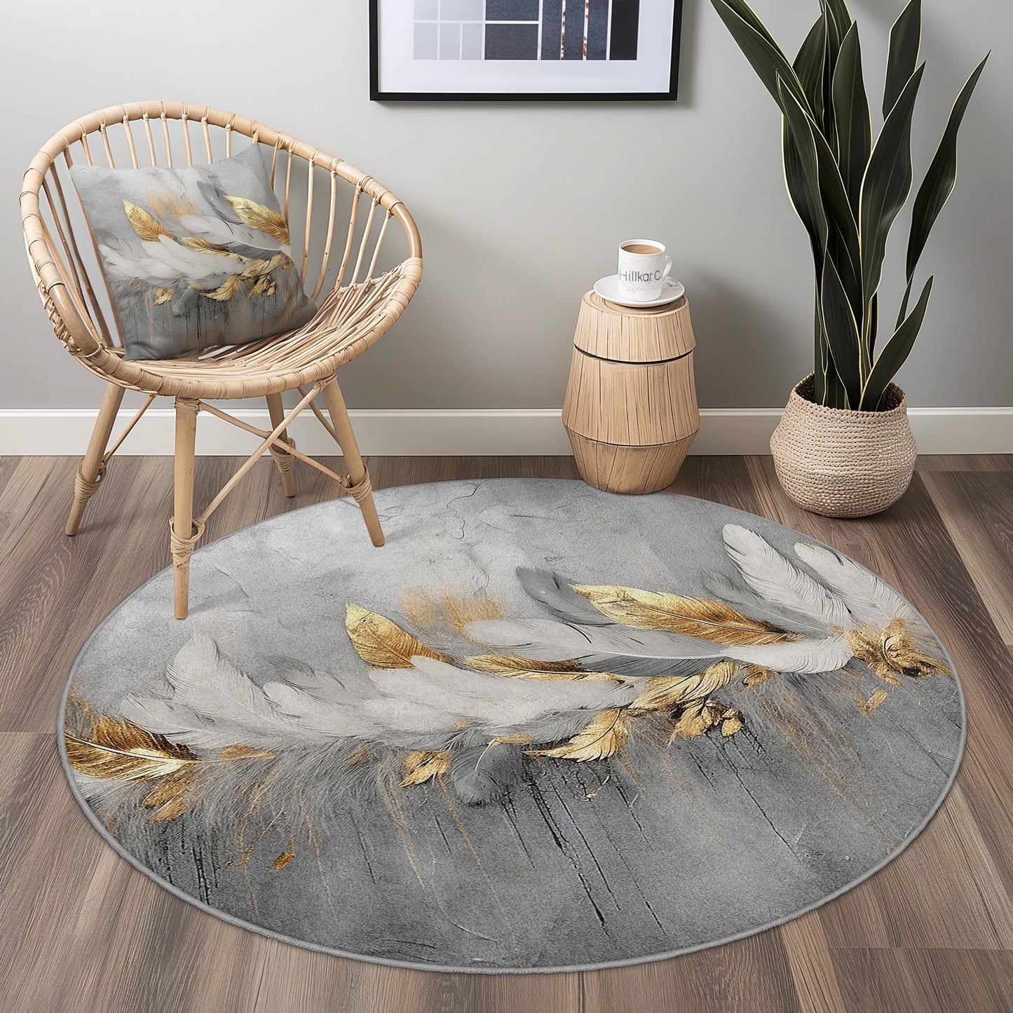 Elegant Feather Design Round Area Rug, Modern Grey and Gold Round Carpet, Soft Living Room Rug, Feather Print Round Mat,Decorative Round Rug