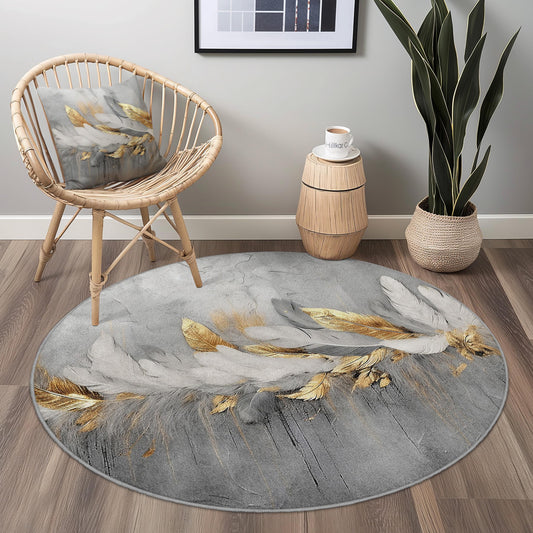 Elegant Feather Design Round Area Rug, Modern Grey and Gold Round Carpet, Soft Living Room Rug, Feather Print Round Mat,Decorative Round Rug