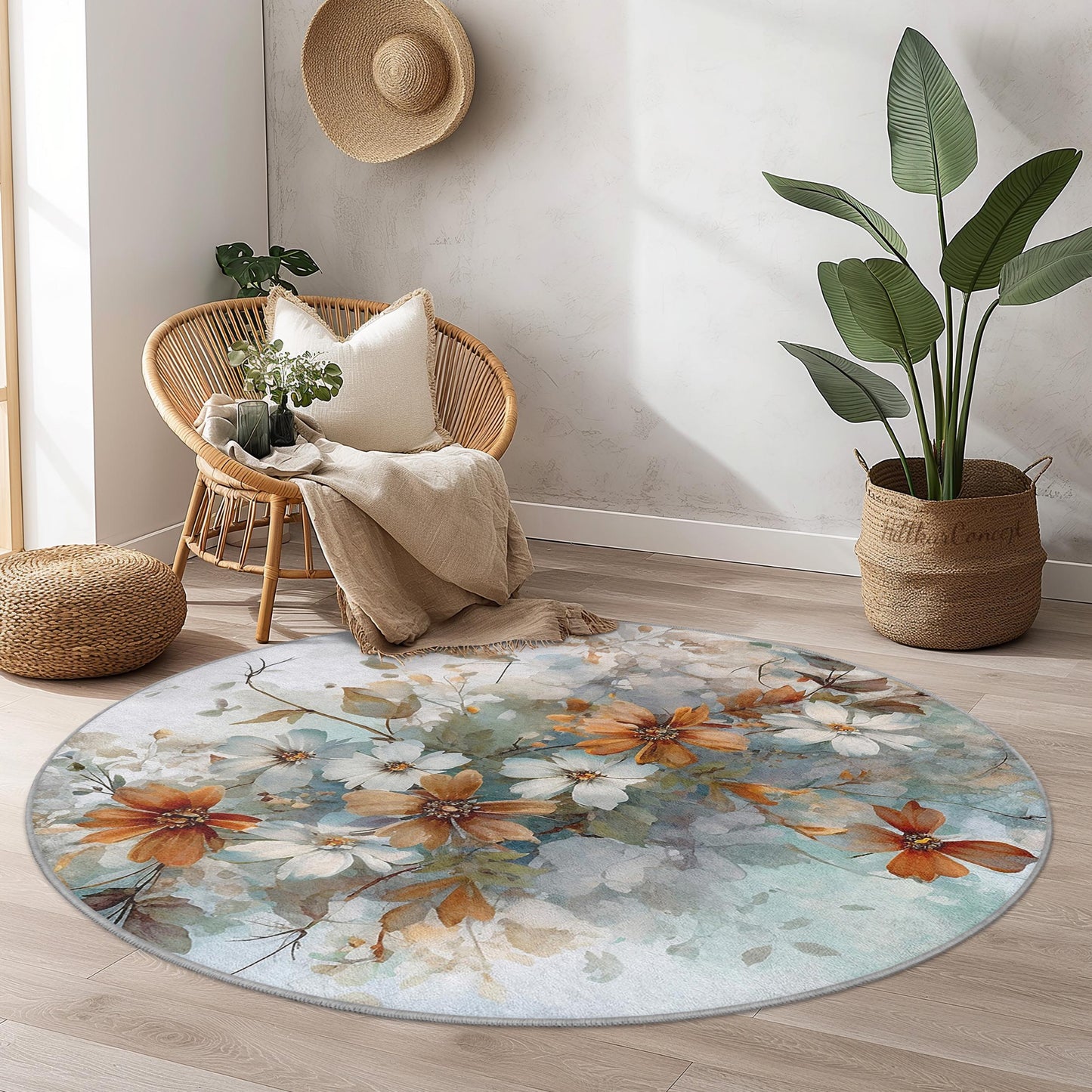 Floral Abstract Round Area Rug, Flower Pattern Round Carpet, Botanical Design Rug for Living Room, Bedroom, Home Decor