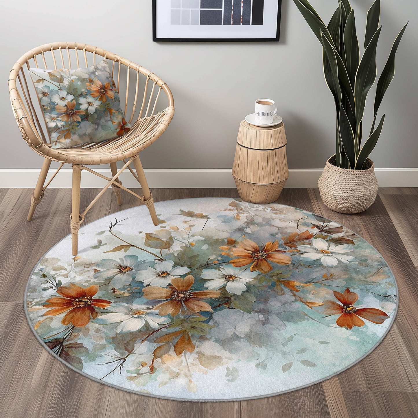 Floral Abstract Round Area Rug, Flower Pattern Round Carpet, Botanical Design Rug for Living Room, Bedroom, Home Decor