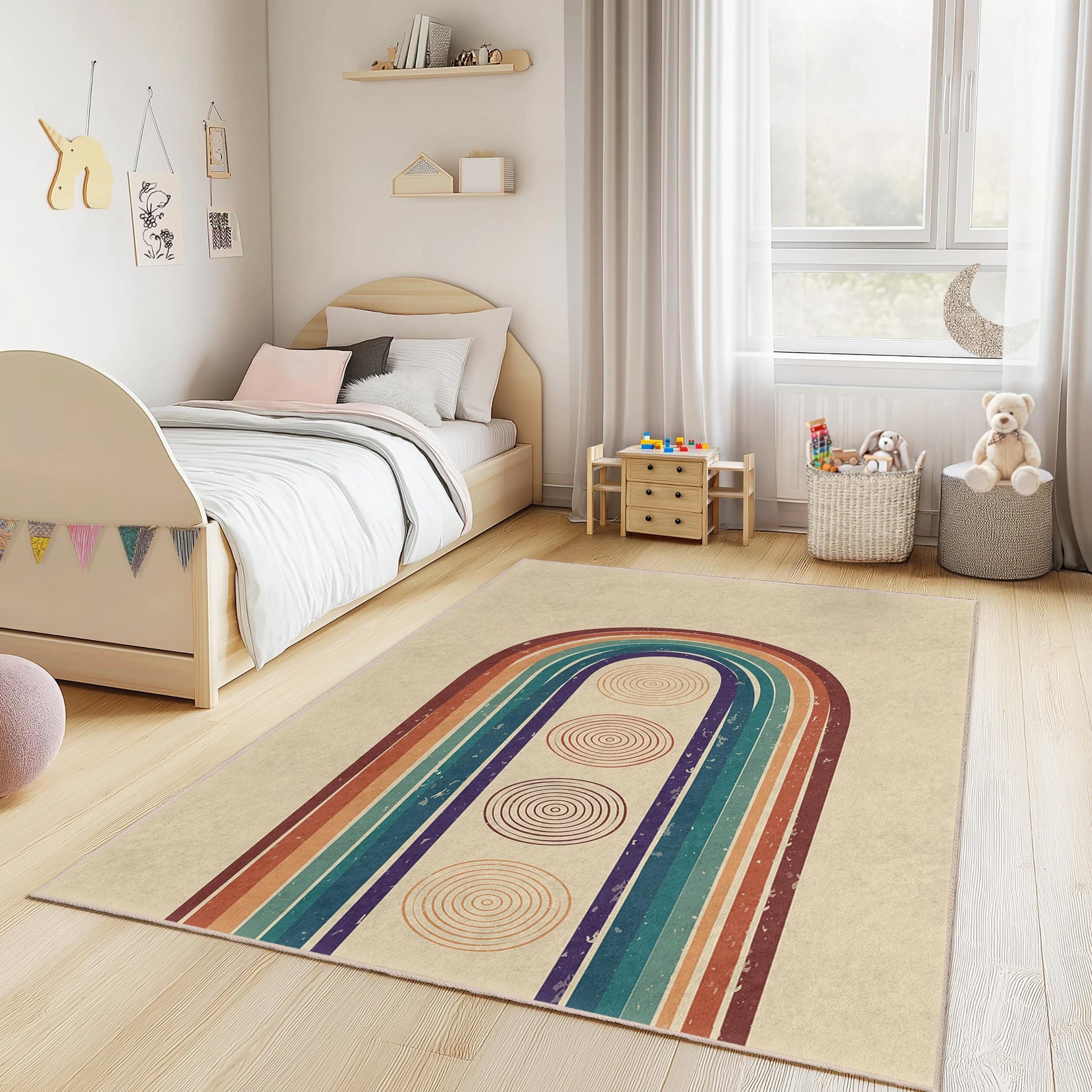 Colorful Rainbow Stripes Rectangular Kids Rug, Boho Nursery Carpet, Modern Playroom Decor, Soft Kids Area Rug, Unique Children's Rug
