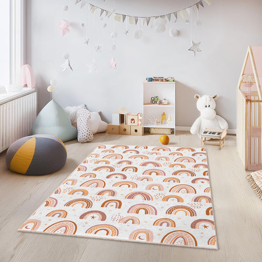 Colorful Rainbow Pattern Rectangular Kids Rug, Playroom Decor, Nursery Carpet, Soft and Cozy Area Rug for Children