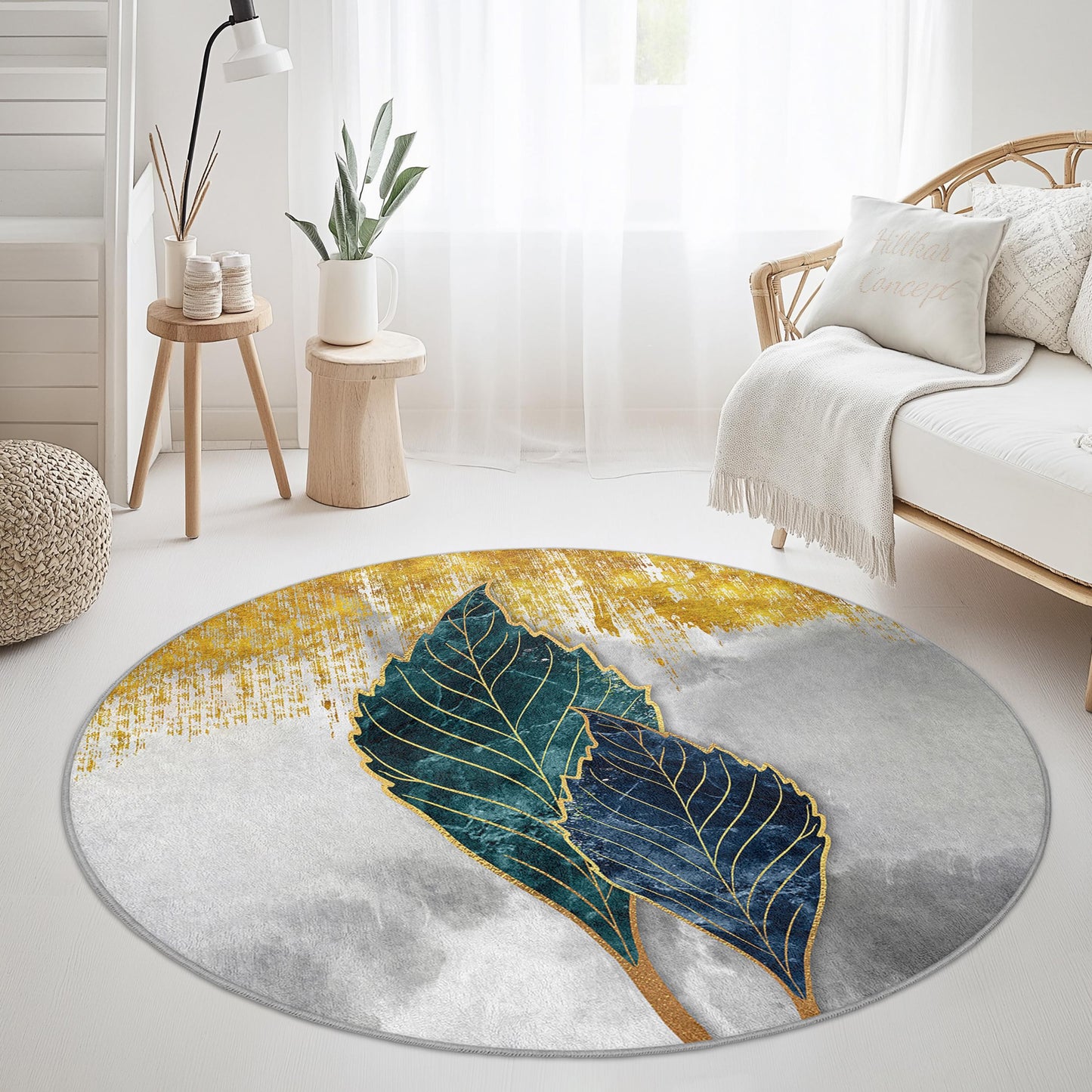 Elegant Round Leaf Pattern Area Rug, Modern Botanical Round Carpet, Living Room Decor, Soft Round Rug, Home Accent Rug