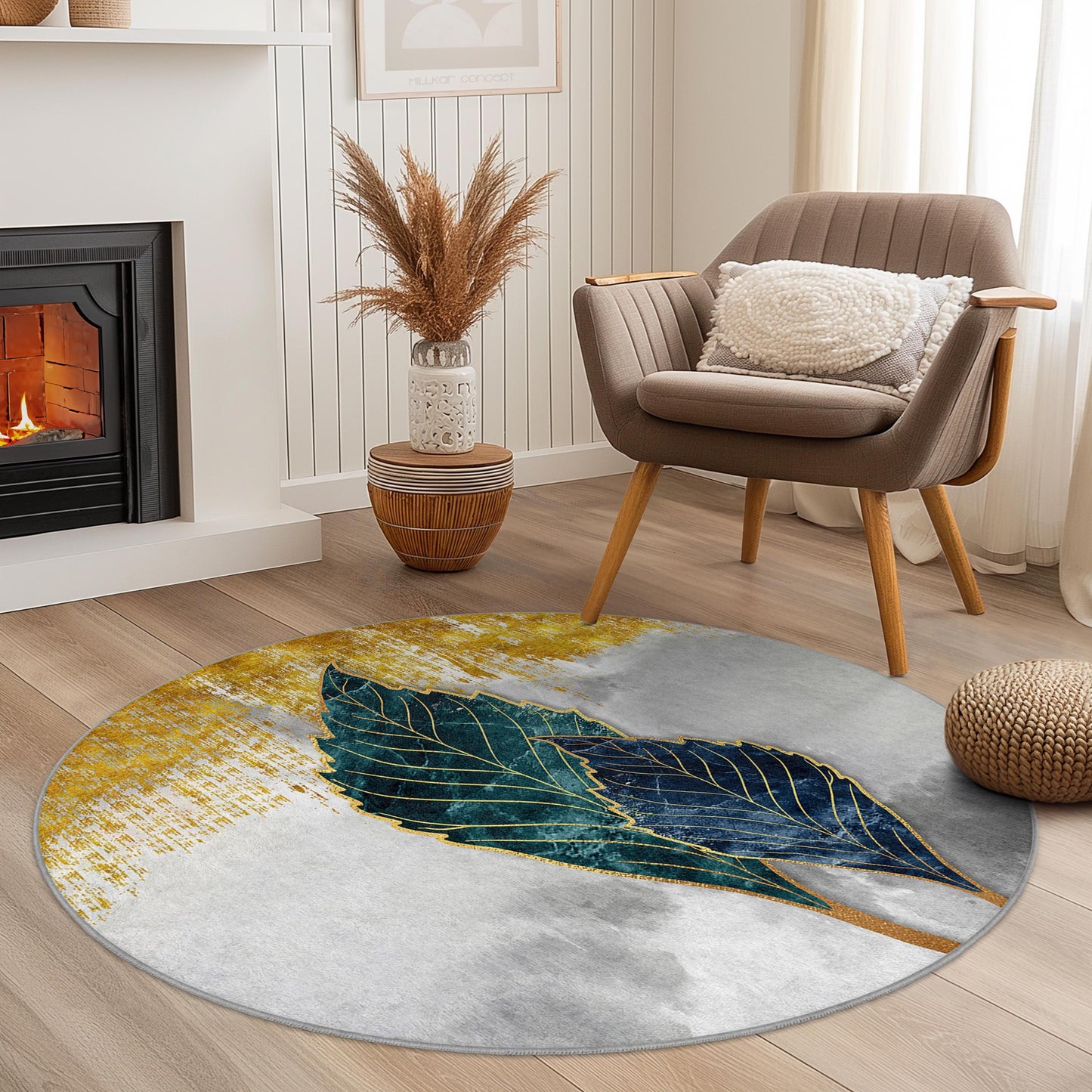 Elegant Round Leaf Pattern Area Rug, Modern Botanical Round Carpet, Living Room Decor, Soft Round Rug, Home Accent Rug