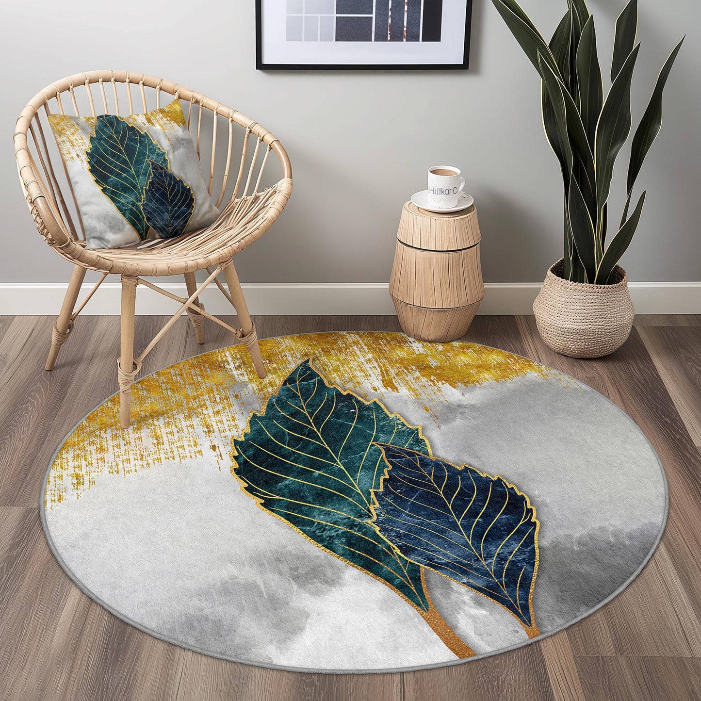 Elegant Round Leaf Pattern Area Rug, Modern Botanical Round Carpet, Living Room Decor, Soft Round Rug, Home Accent Rug