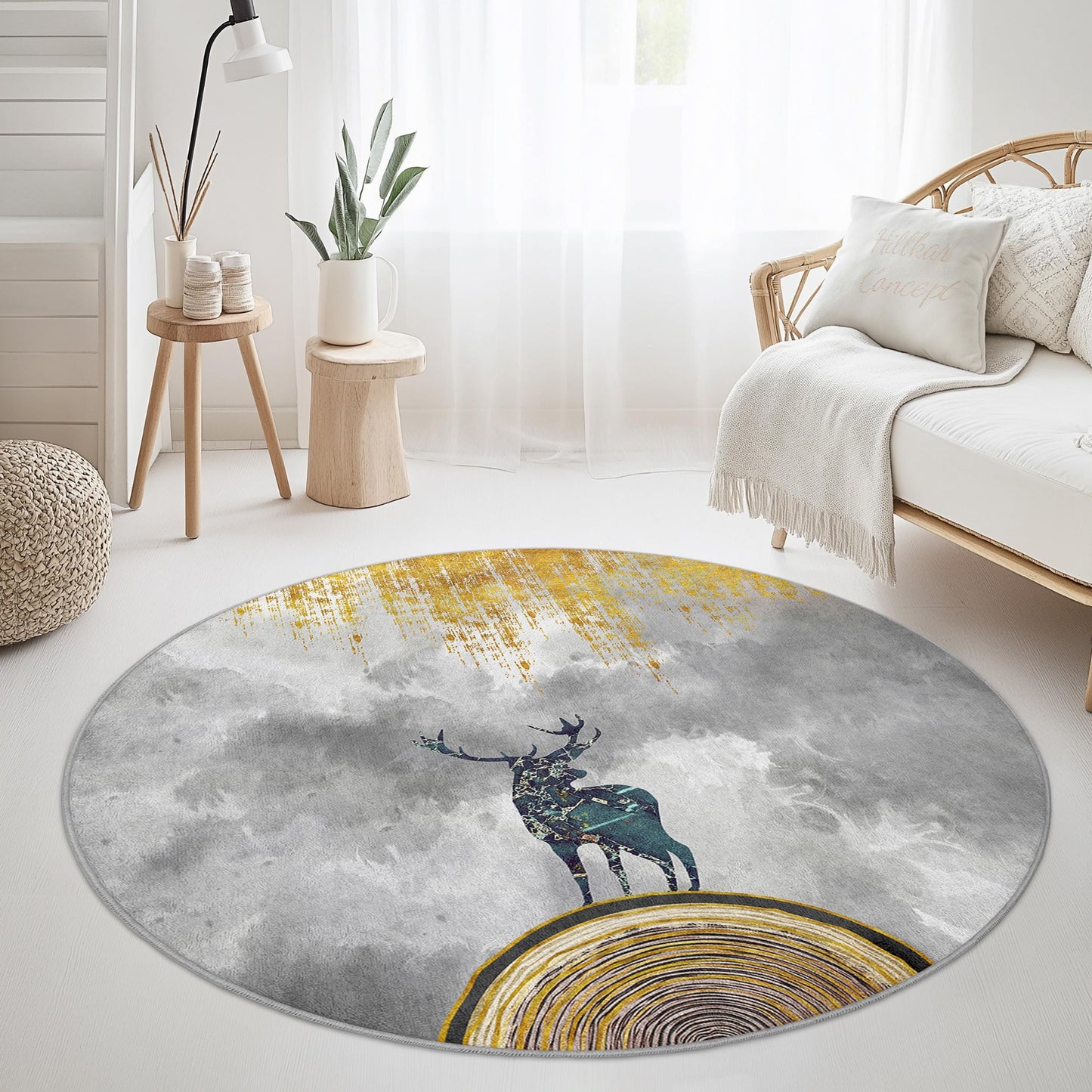 Majestic Deer Round Area Rug, Nature Inspired Round Carpet, Colorful Wildlife Decor, Living Room Rug, Unique Home Accent