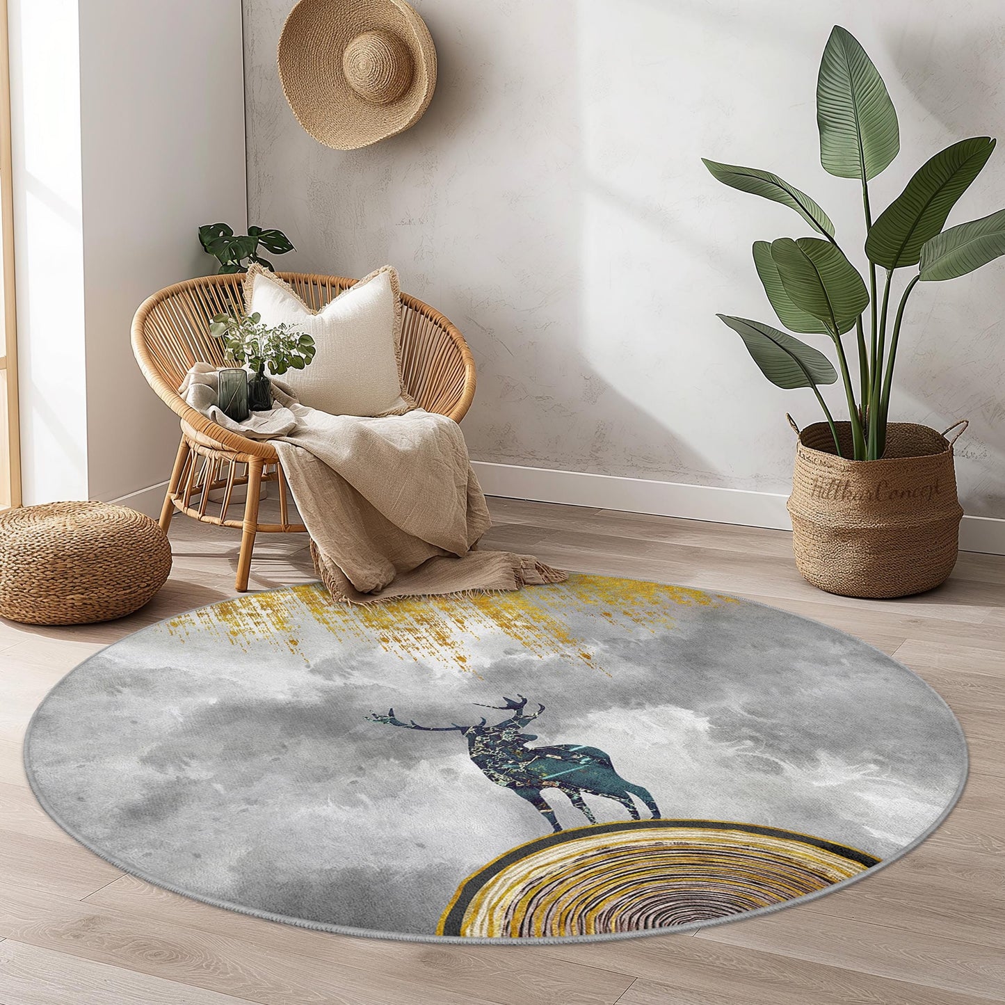Majestic Deer Round Area Rug, Nature Inspired Round Carpet, Colorful Wildlife Decor, Living Room Rug, Unique Home Accent