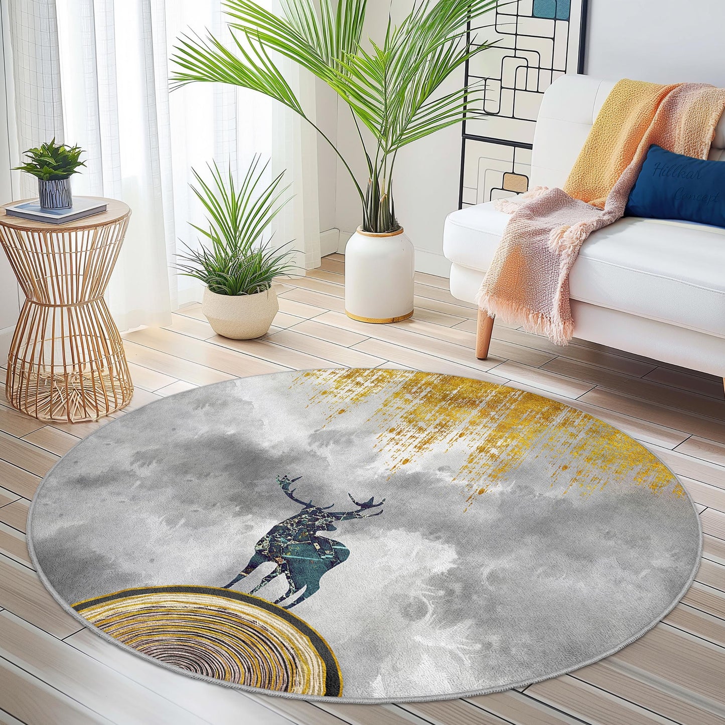 Majestic Deer Round Area Rug, Nature Inspired Round Carpet, Colorful Wildlife Decor, Living Room Rug, Unique Home Accent