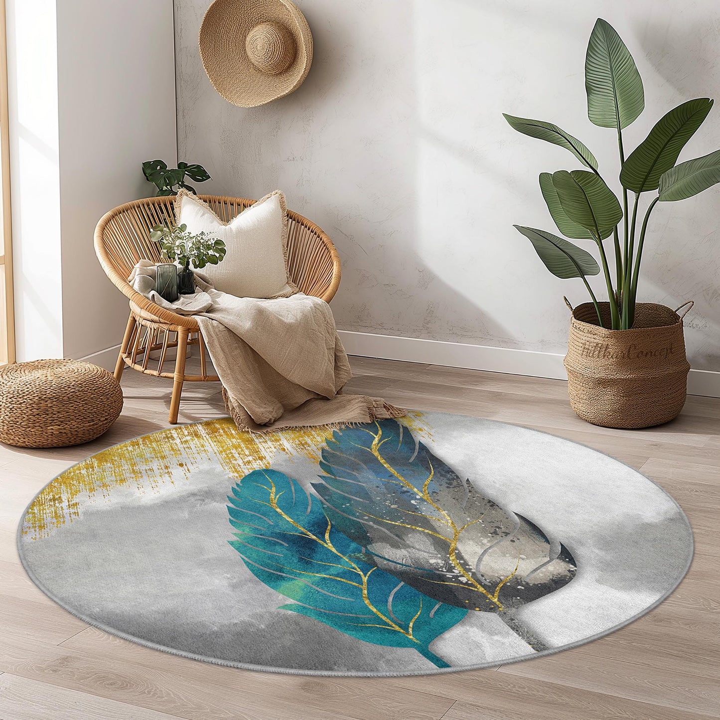 Elegant Round Feather Area Rug, Boho Chic Round Rug, Soft Feather Design Carpet, Living Room Decor, Modern Round Floor Mat
