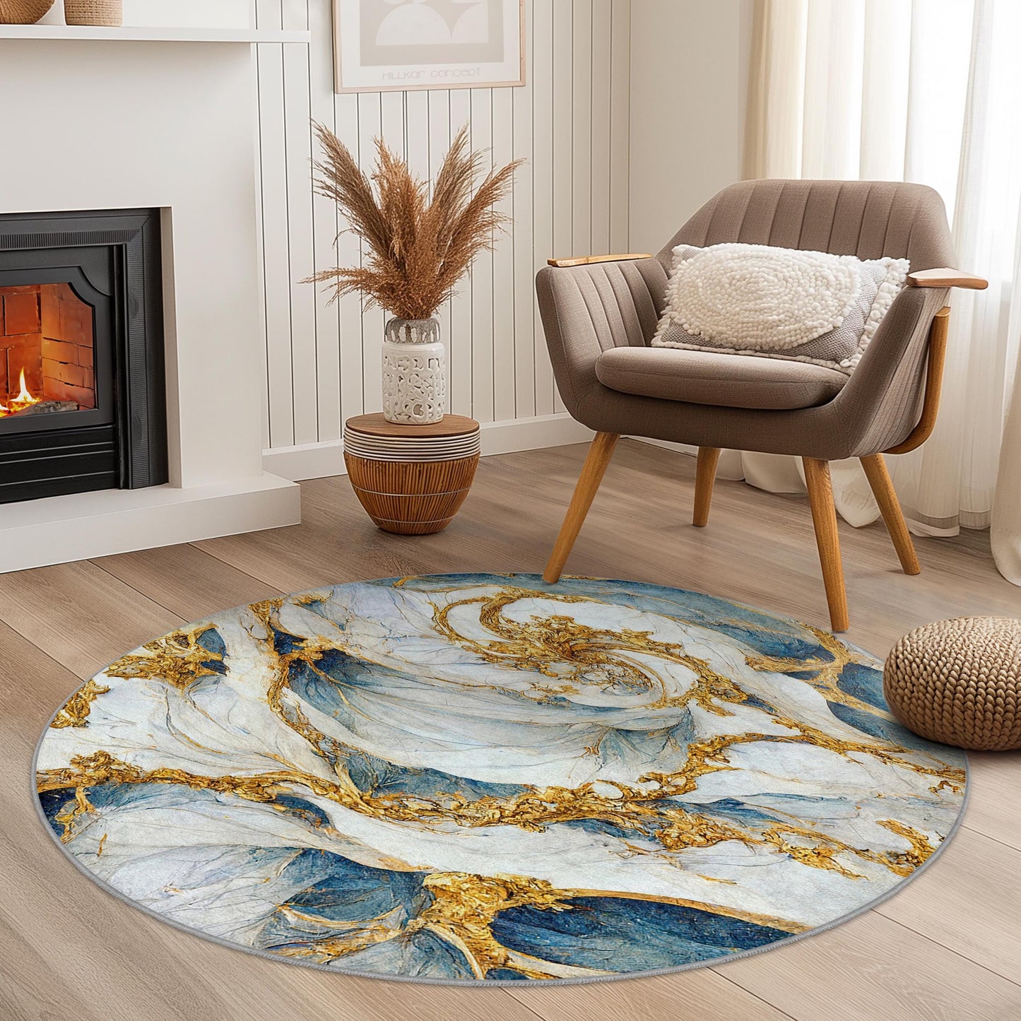 Elegant Round Blue and Gold Swirl Area Rug, Artistic Round Carpet for Living Room, Unique Home Decor, Luxurious Round Rug