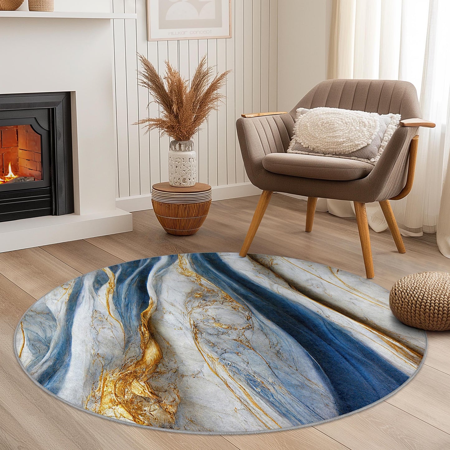 Elegant Blue and Gold Round Area Rug, Luxury Marble Design Rug, Soft Round Carpet for Living Room, Bedroom, Home Decor