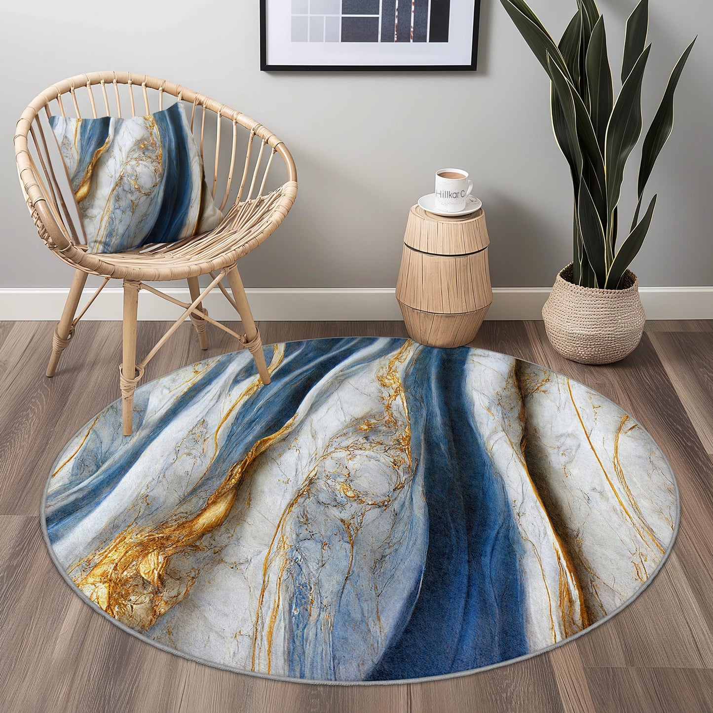 Elegant Blue and Gold Round Area Rug, Luxury Marble Design Rug, Soft Round Carpet for Living Room, Bedroom, Home Decor