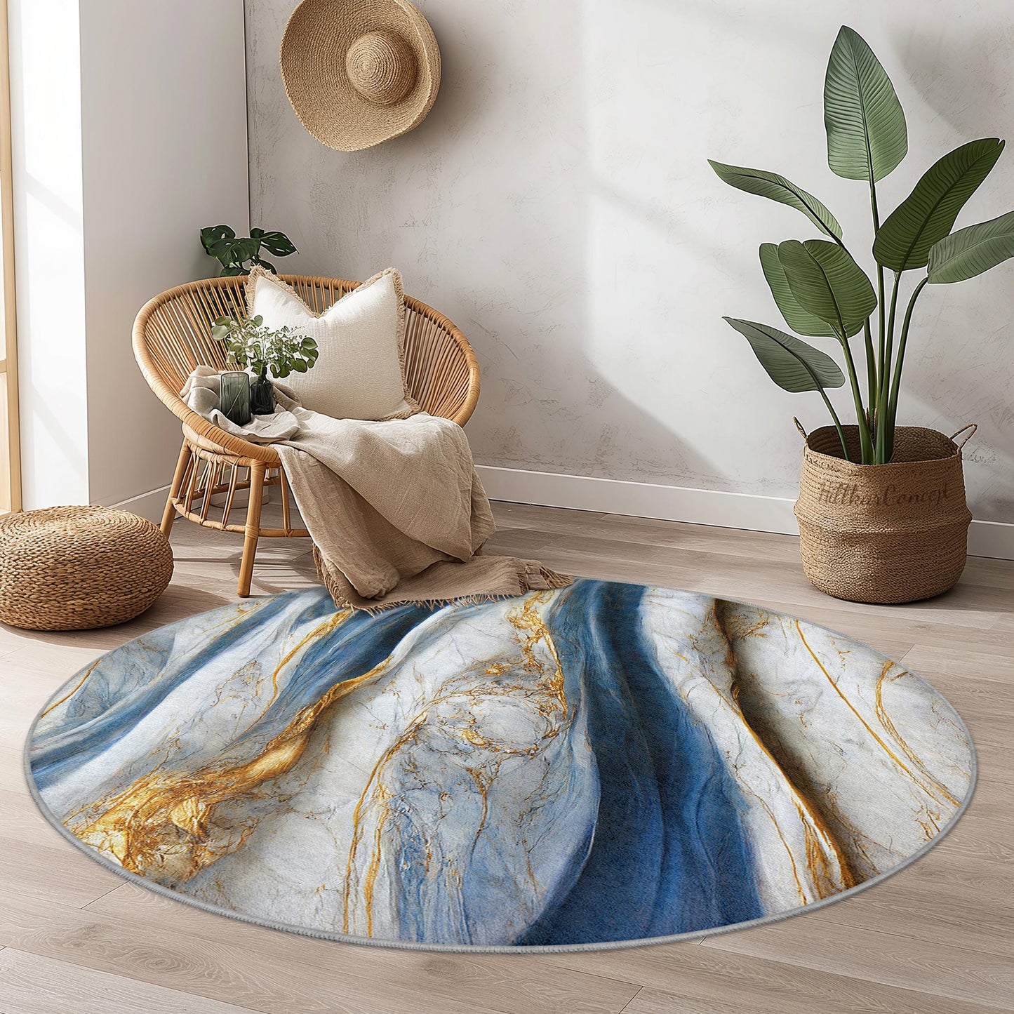Elegant Blue and Gold Round Area Rug, Luxury Marble Design Rug, Soft Round Carpet for Living Room, Bedroom, Home Decor