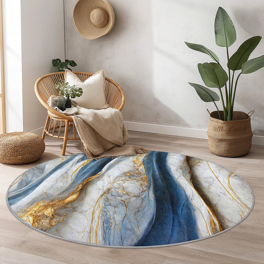 Elegant Blue and Gold Round Area Rug, Luxury Marble Design Rug, Soft Round Carpet for Living Room, Bedroom, Home Decor