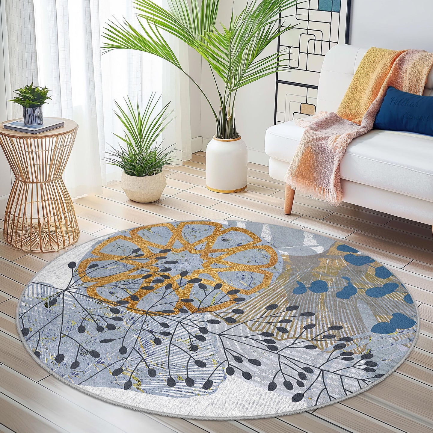 Floral Round Area Rug, Elegant Round Carpet for Living Room, Modern Botanical Design, Soft Round Rug for Home Decor