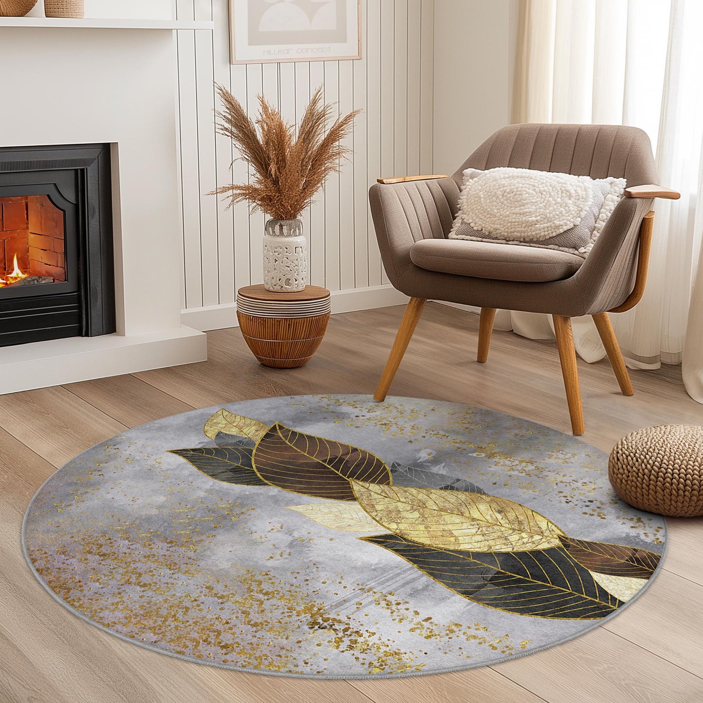 Elegant Gold Leaf Round Area Rug, Modern Round Carpet, Leaf Design Rug for Living Room, Cozy Round Home Decor, Luxury Round Rug