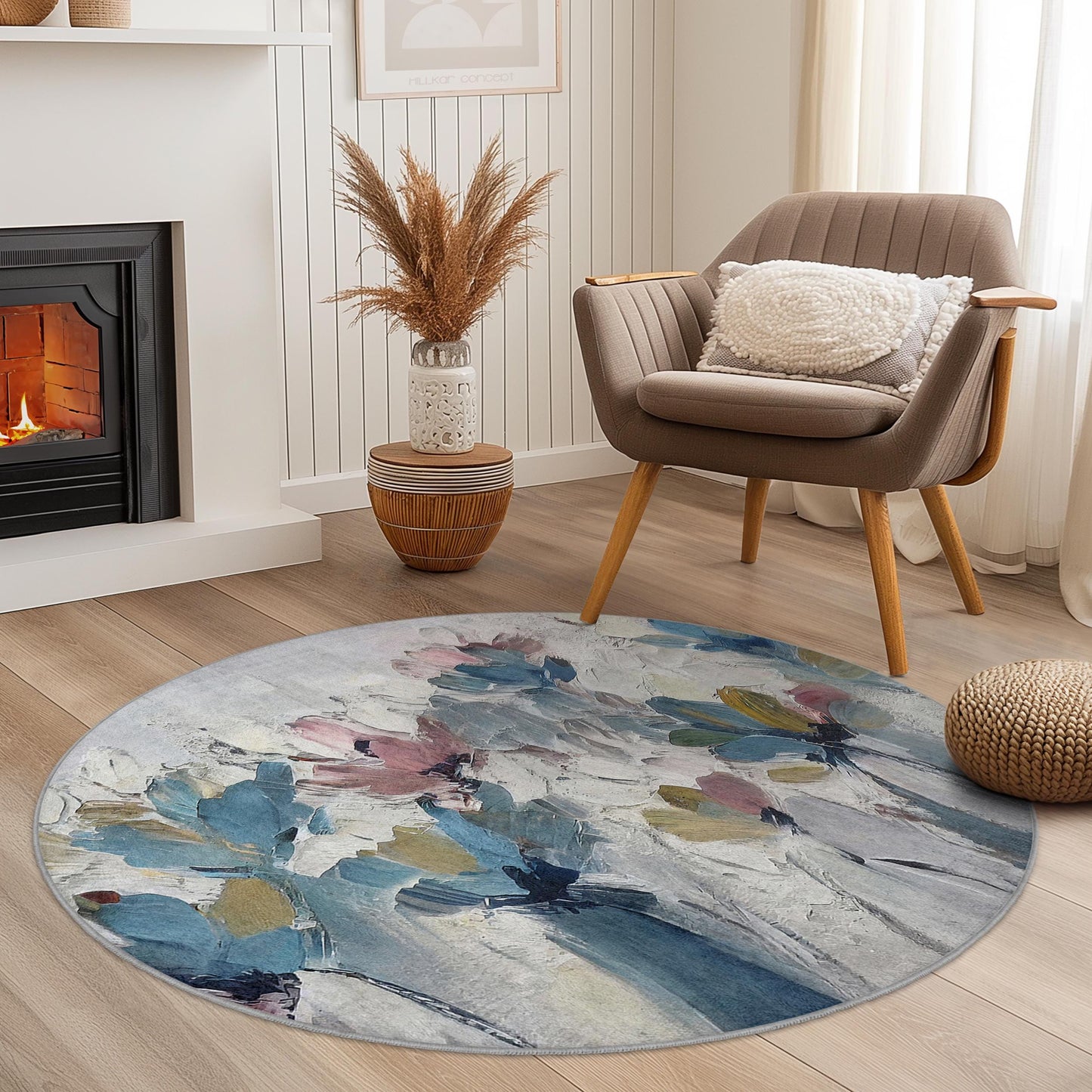 Floral Bliss Round Area Rug, Elegant Flower Design Carpet, Soft Round Rug for Living Room, Bedroom, and Nursery Decor