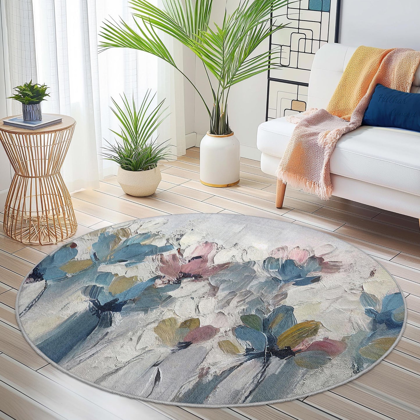 Floral Bliss Round Area Rug, Elegant Flower Design Carpet, Soft Round Rug for Living Room, Bedroom, and Nursery Decor