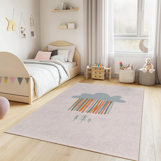 Colorful Cloud and Rain Rectangular Kids Rug, Nursery Decor, Playroom Carpet, Soft Kids Floor Mat, Modern Children's Rug